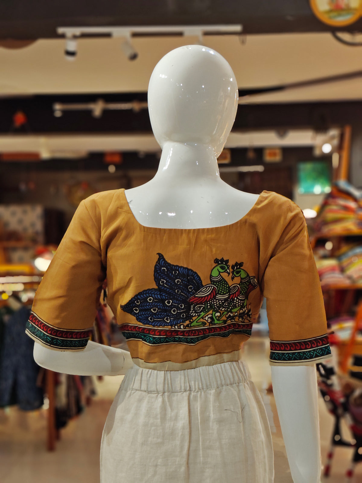 Golden Caramel peacocks on front n back hand-painted pen kalamkari silk blouse