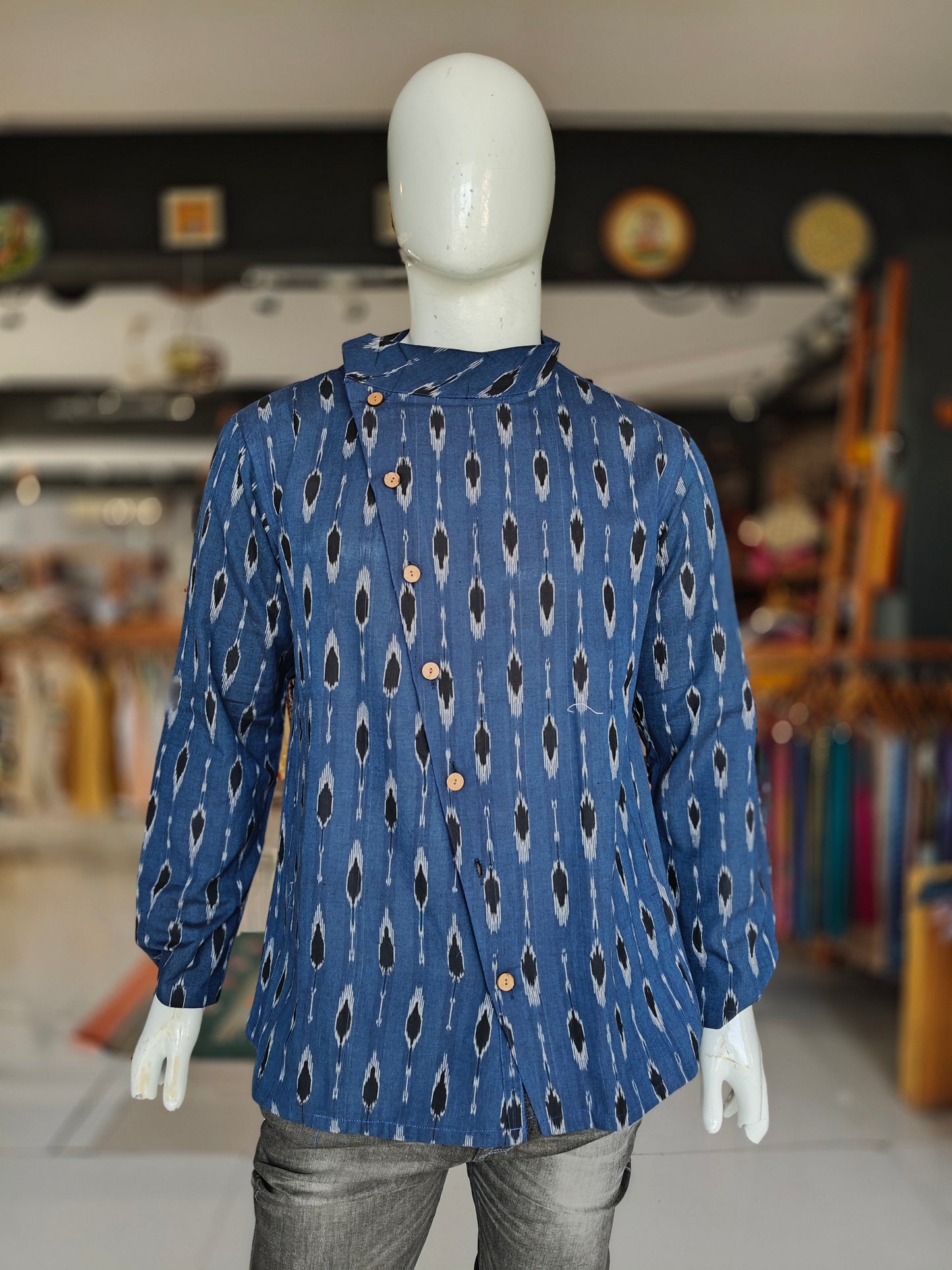 Indigo blue cross button-down shirt with ikat prints