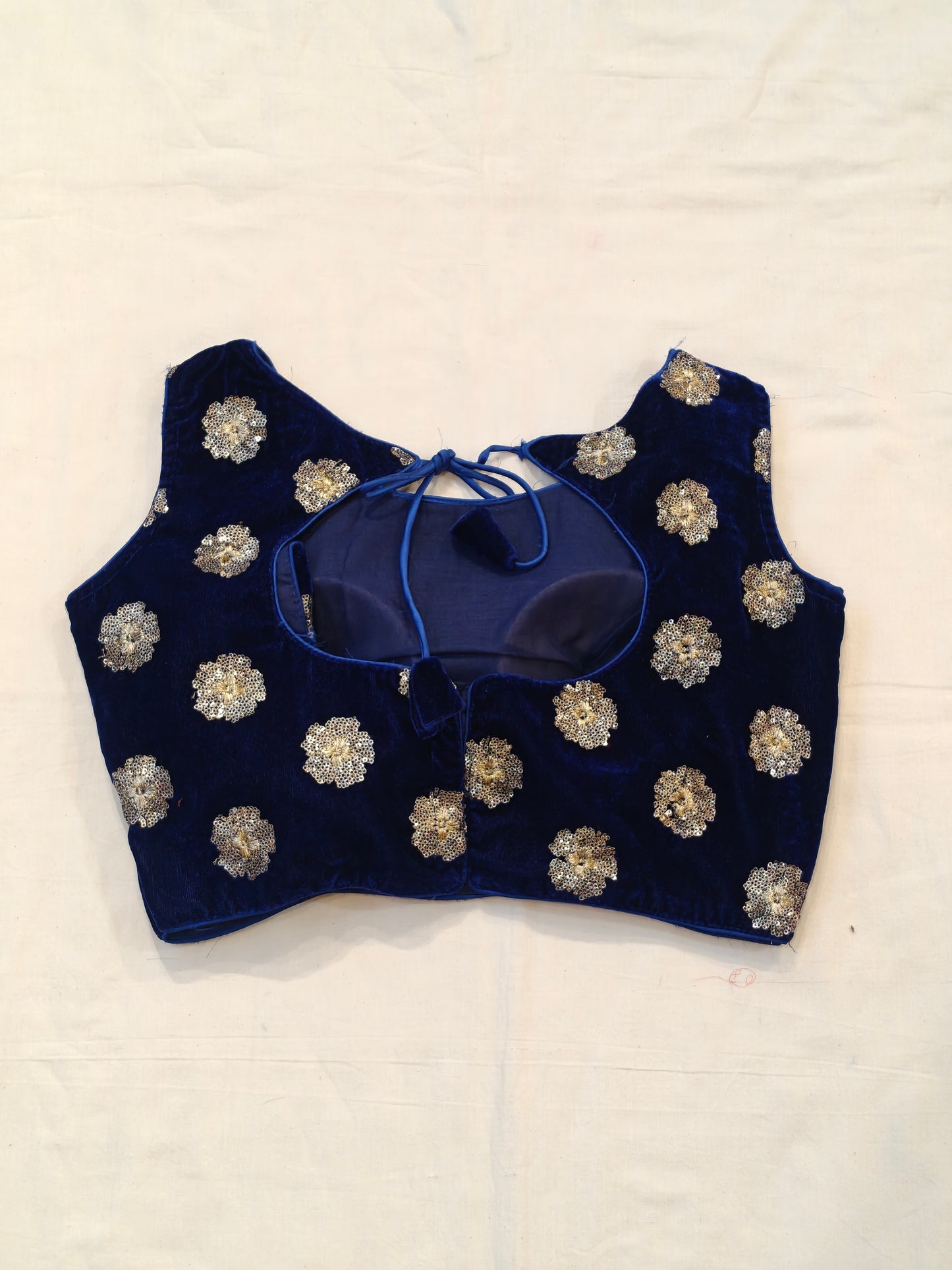 Navy blue velvet with floral embroidery sleeveless blouse