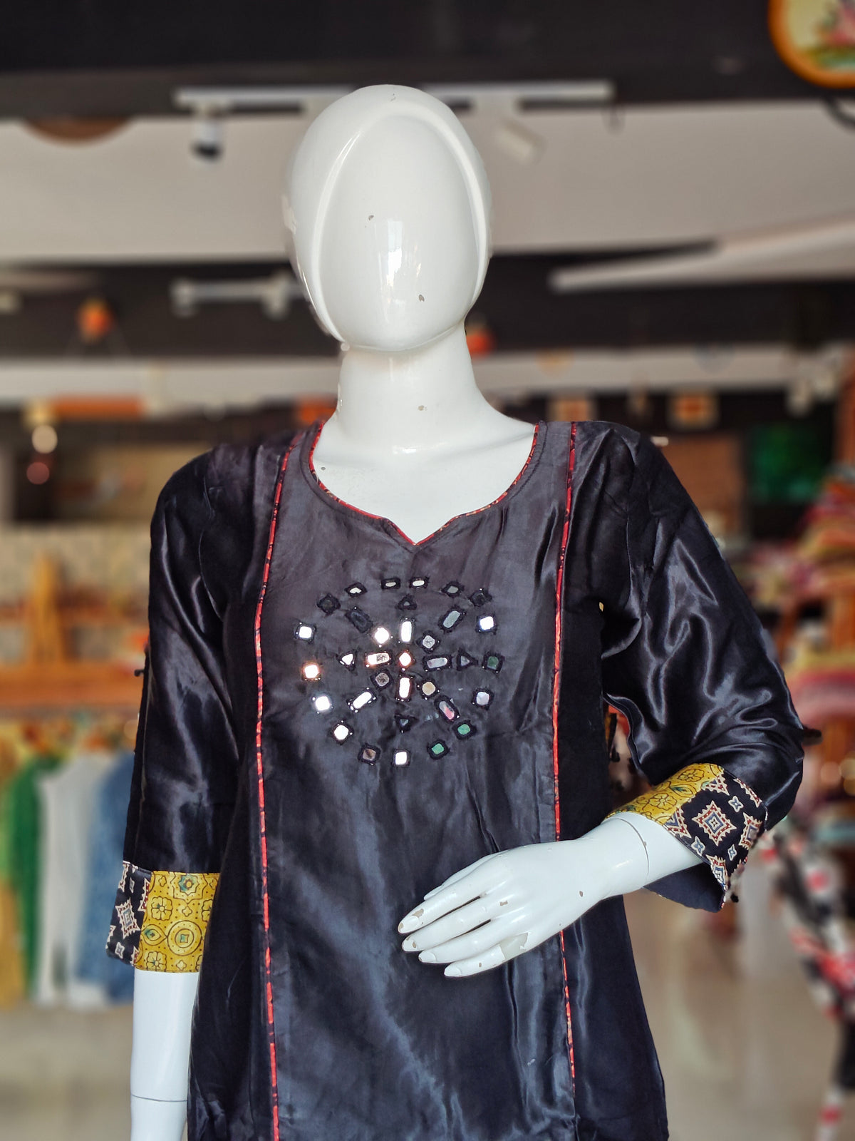 Black mirror work mashru kurti with Ajrakh prints on sleeves