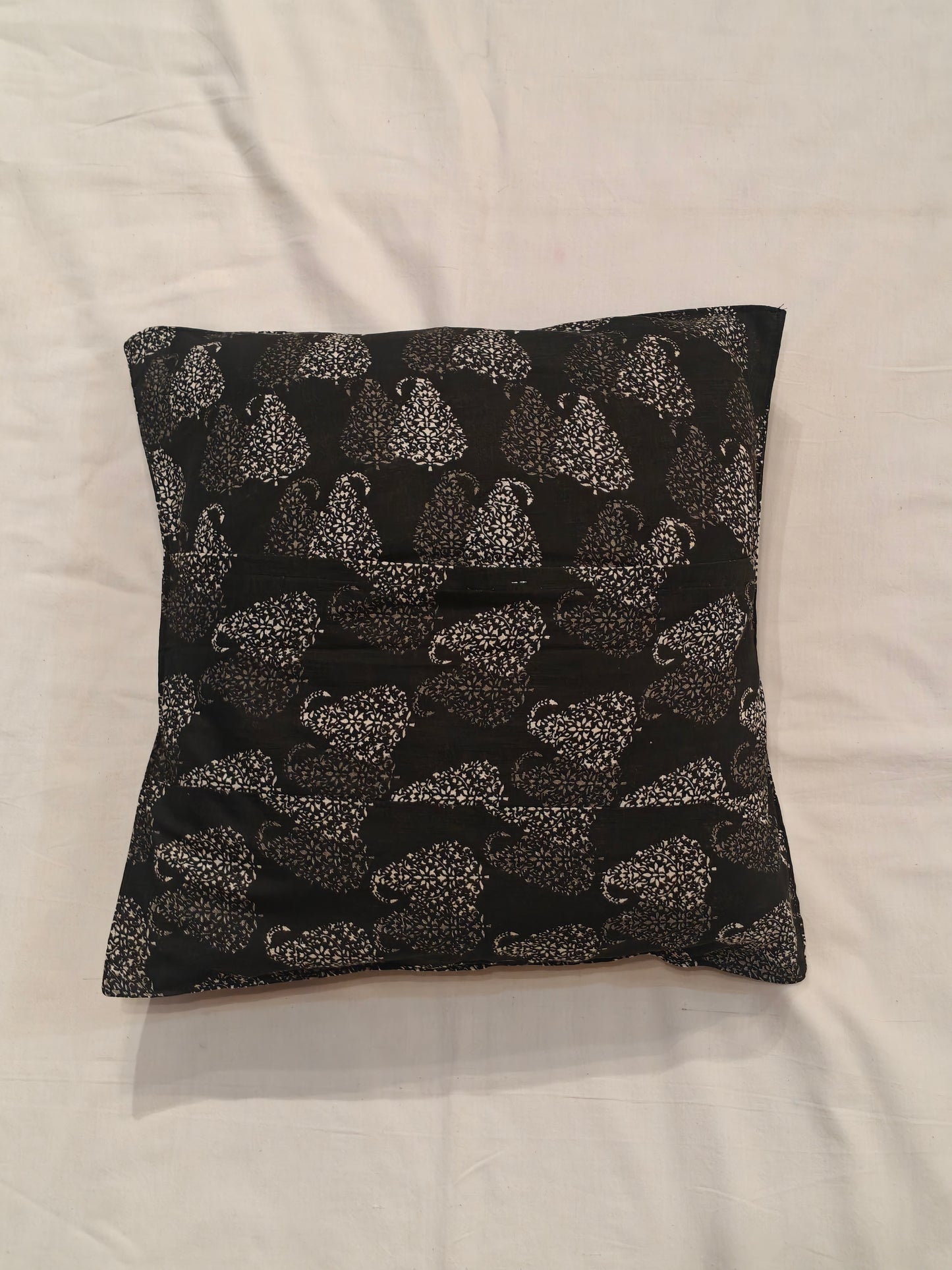 Black with silver and grey butis handblock printed cushion cover