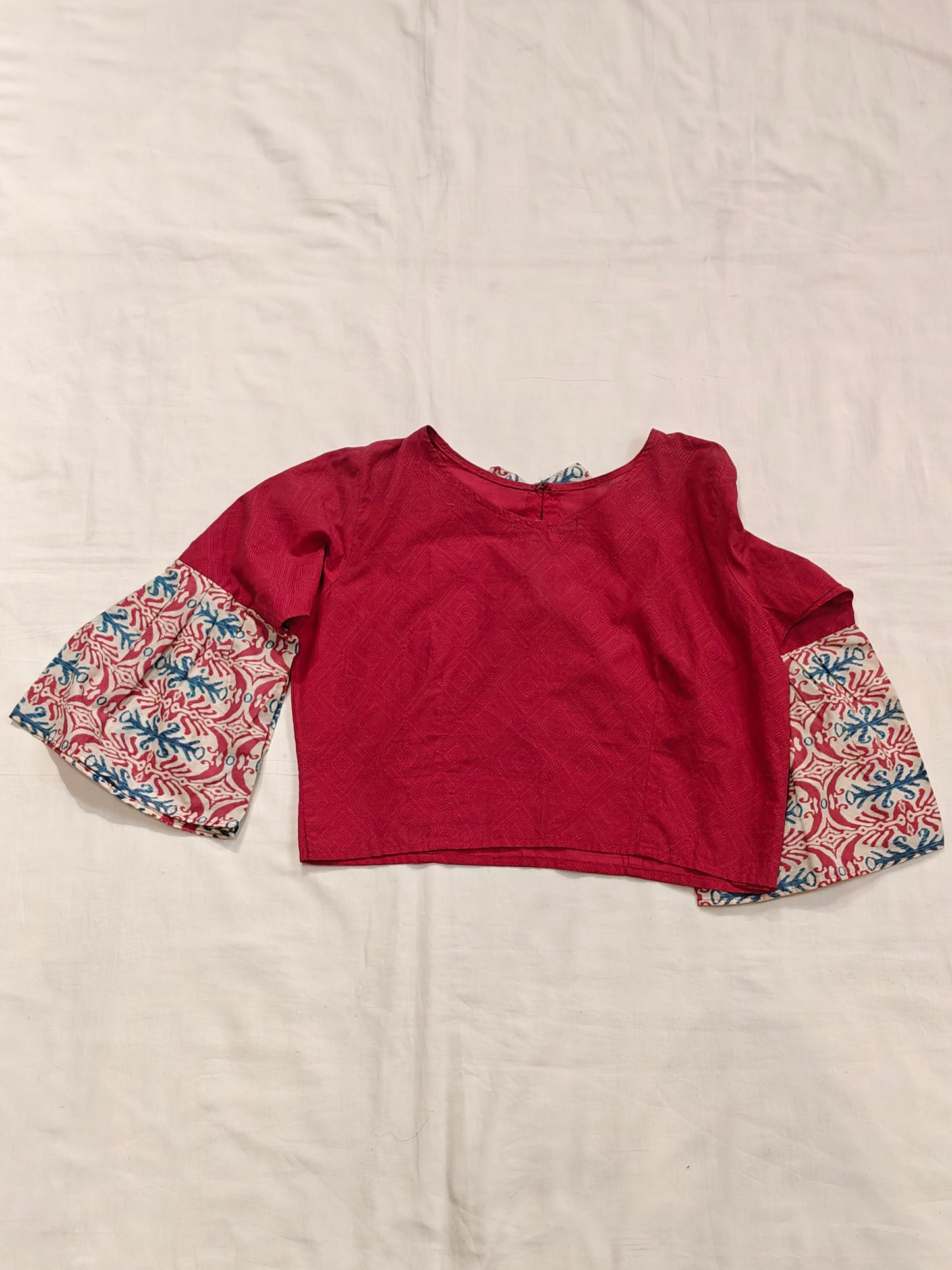 Pink printed flared sleeves cotton blouse with bows
