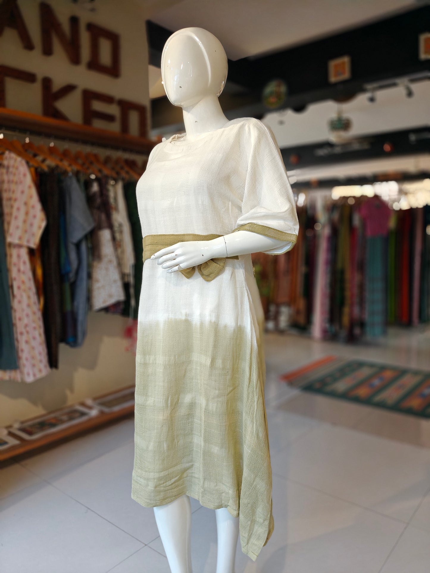 White and sage green tie and dye handloom cotton net dress with waist belt