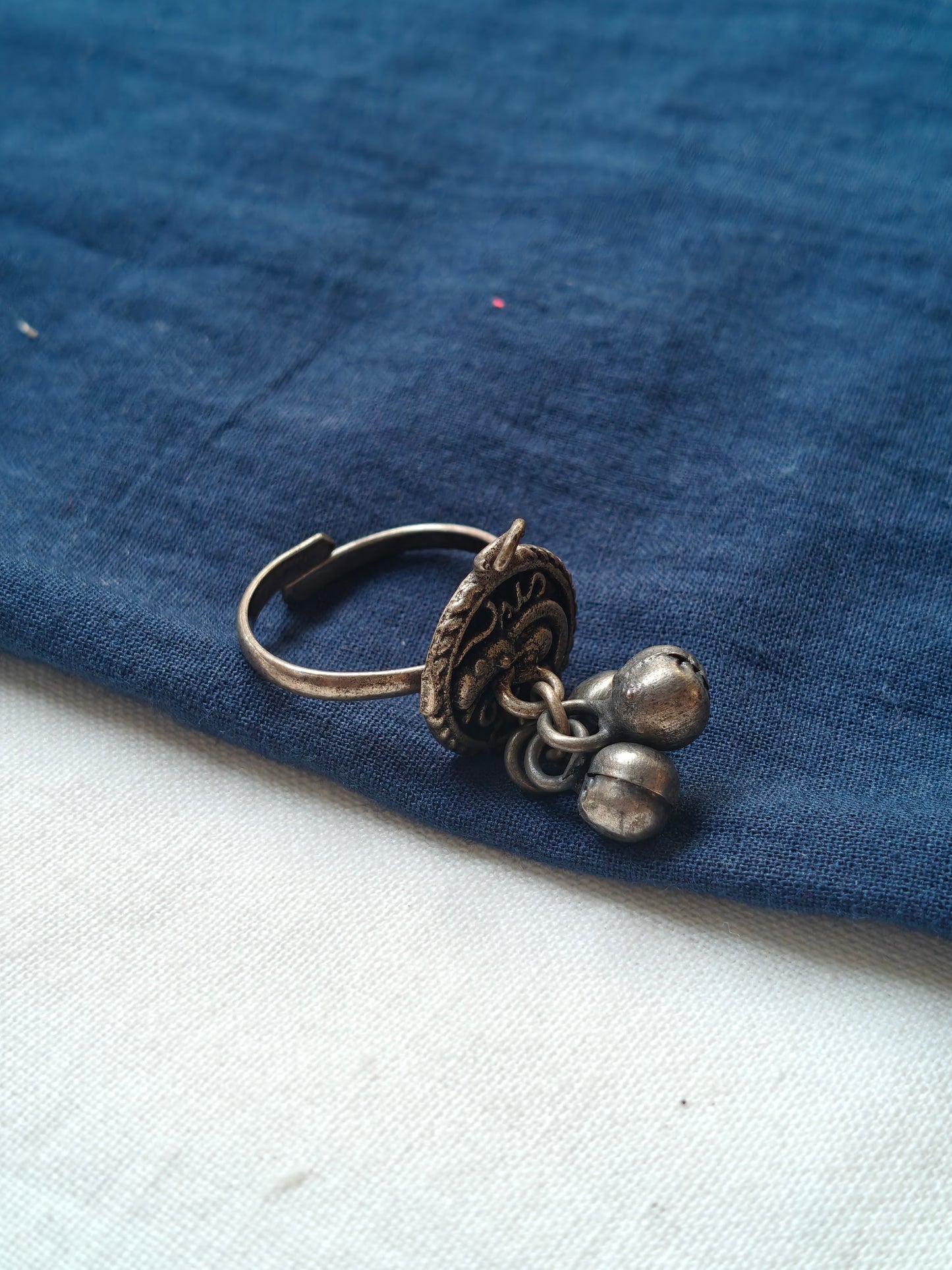 Traditional motifs oxidised look finger ring with ghungroos