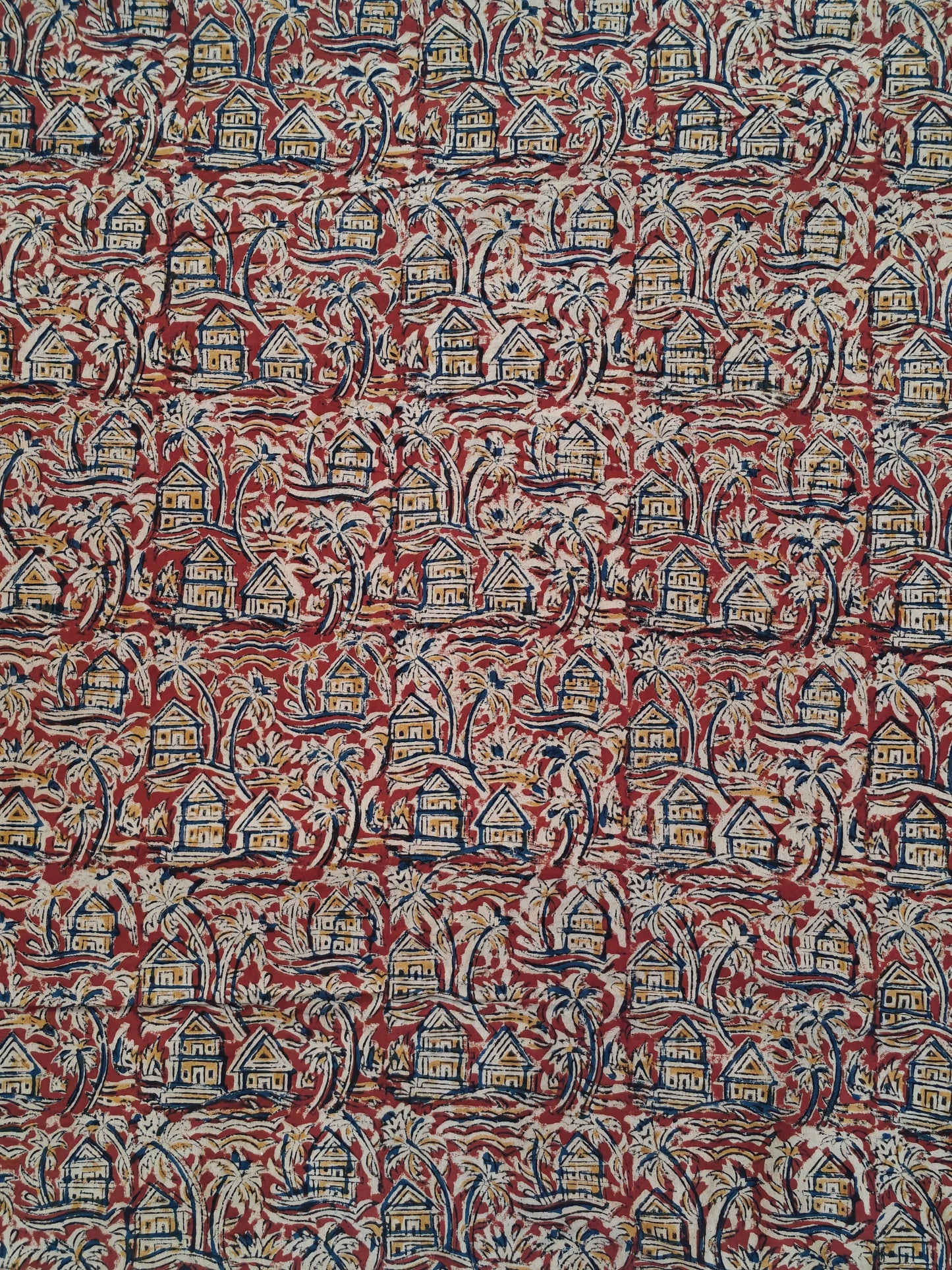 Maroon houses n trees handblock printed Kalamkari cotton fabric