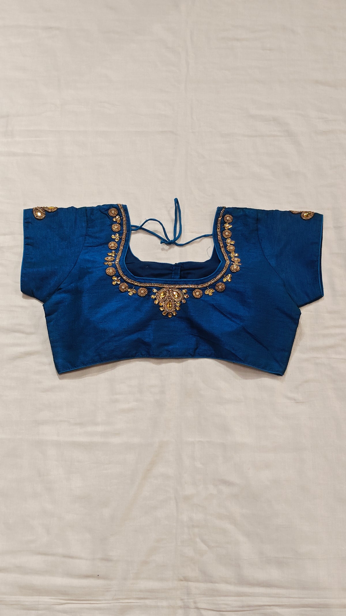 Blue blouse with golden beads embroidery on sleeves and half neck - short sleeved, front open