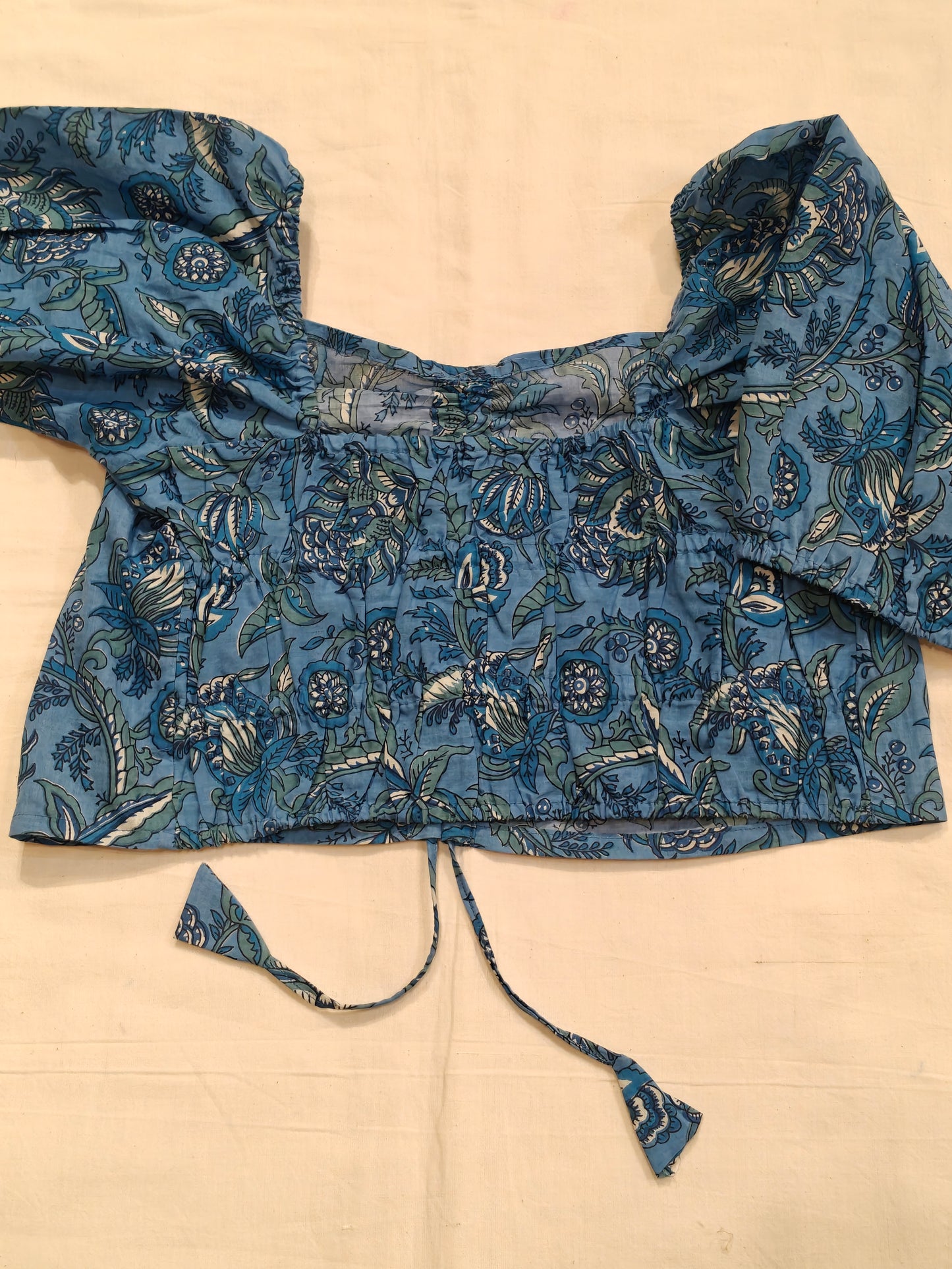 Blue floral hand block printed cotton elastic crop top / blouse