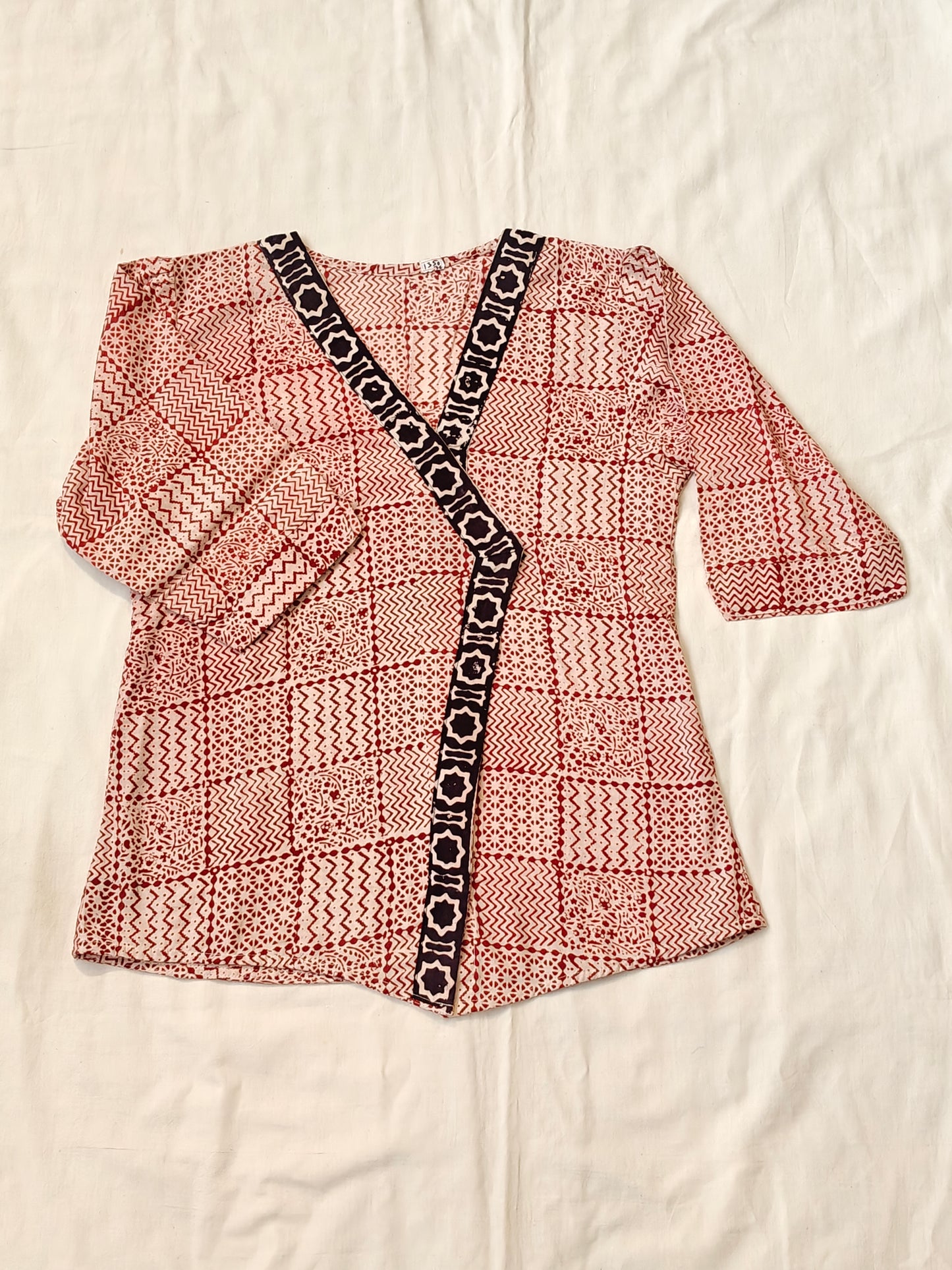 Maroon and white handblock printed cotton top with black borders