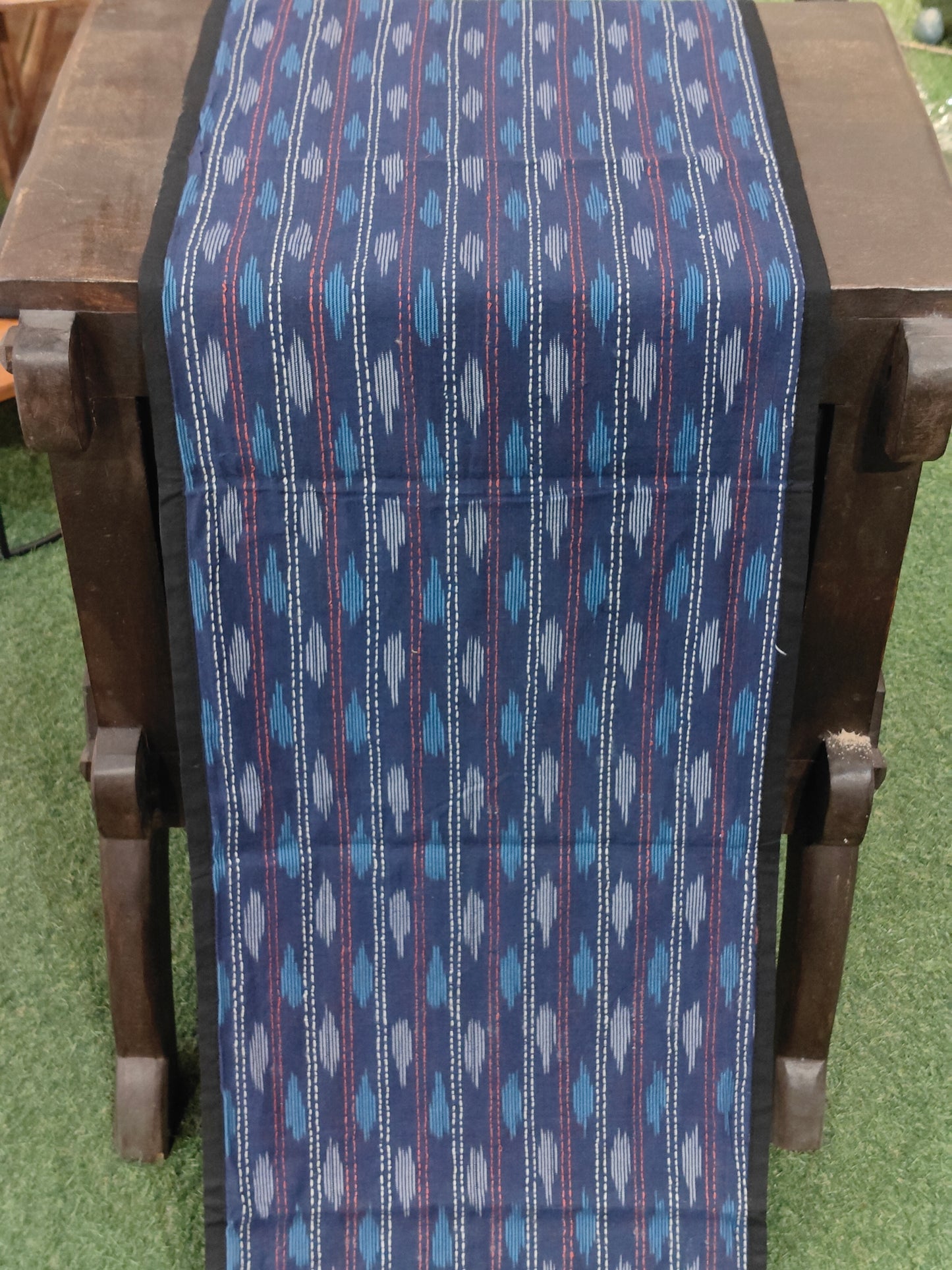 Blue ikat handloom cotton fabric runner with Kantha hand embroidery