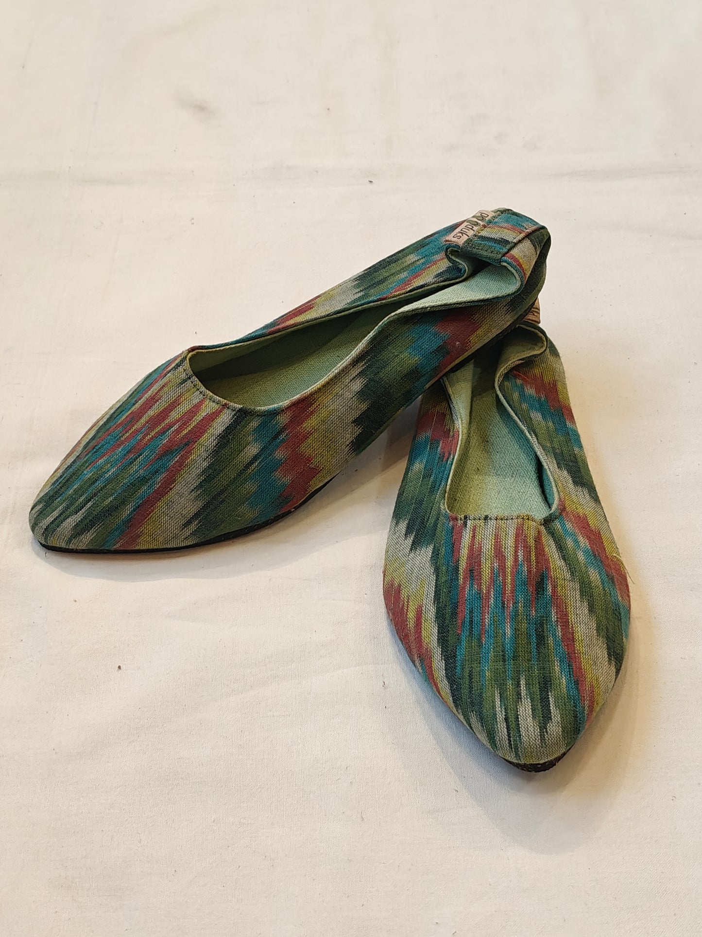 Women foxy green ikat cotton mace shoe with upcycled tyre base