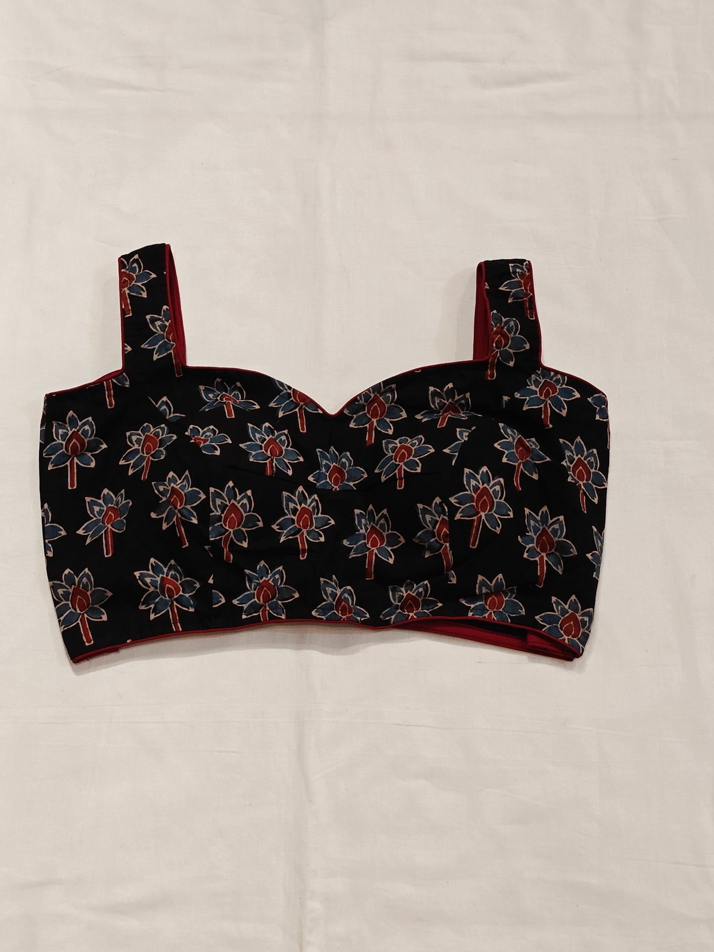Indigo and maroon Ajrakh lotuses handblock printed sleeveless blouse