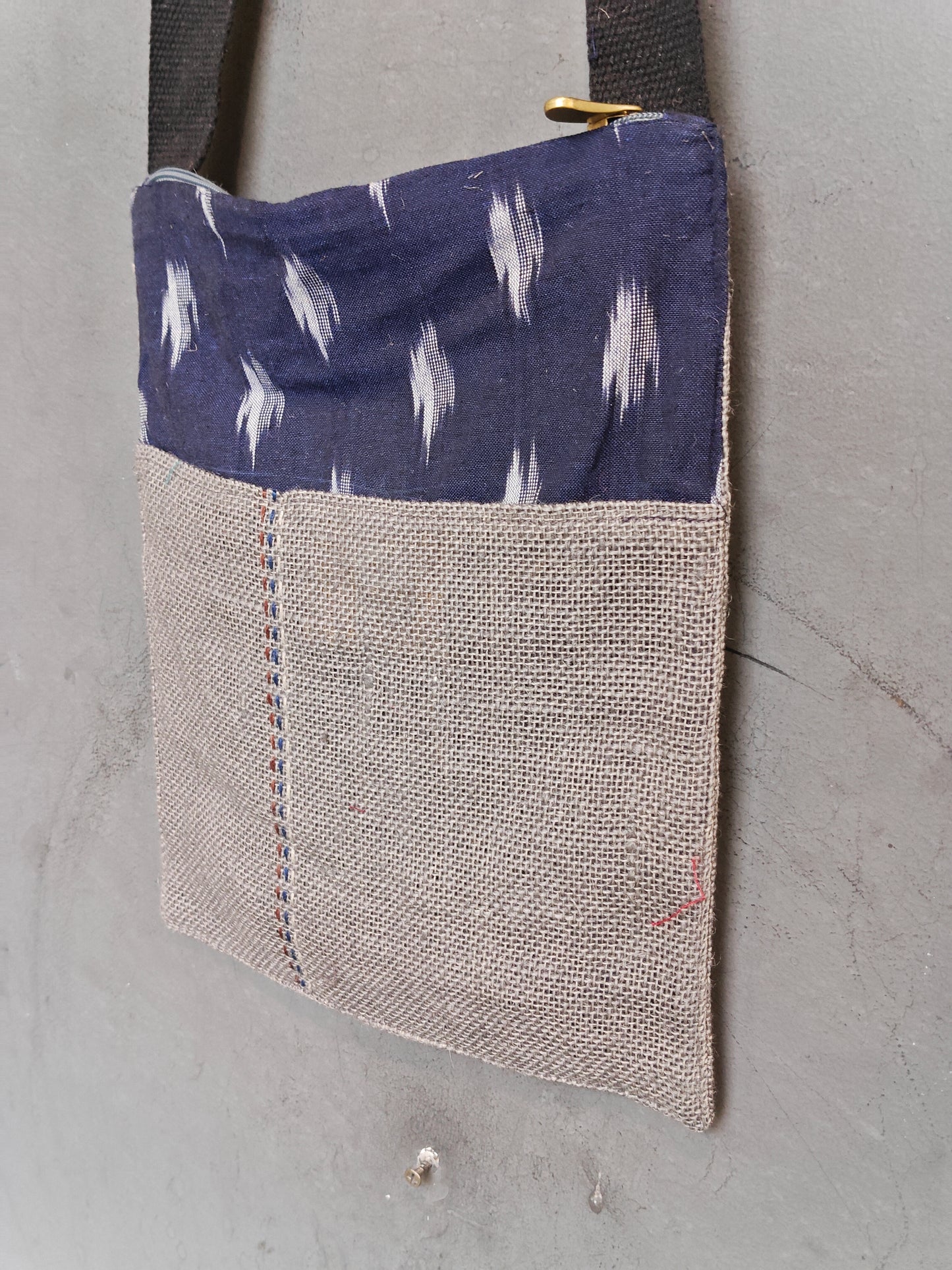 Handmade crossbody sling bag with multicolour fabric panels and jute