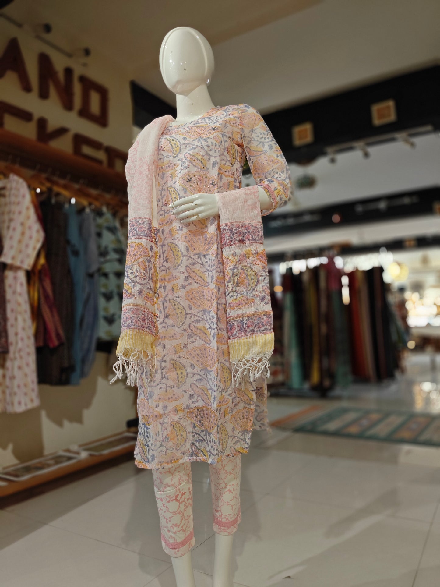 Peach and white floral hand block printed kota cotton 3 piece suit set with kota cotton dupatta