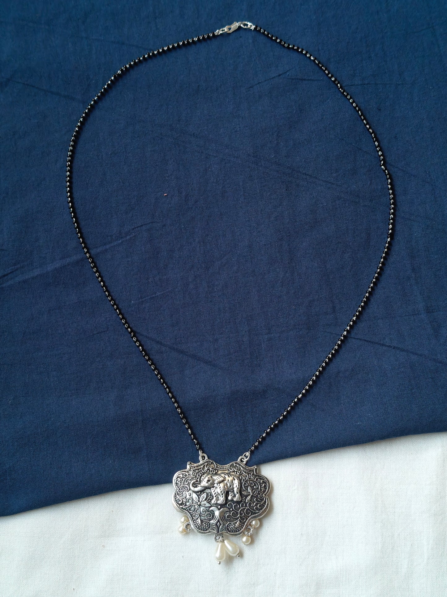 Elephant motif oxidised silver look pendant black beads necklace