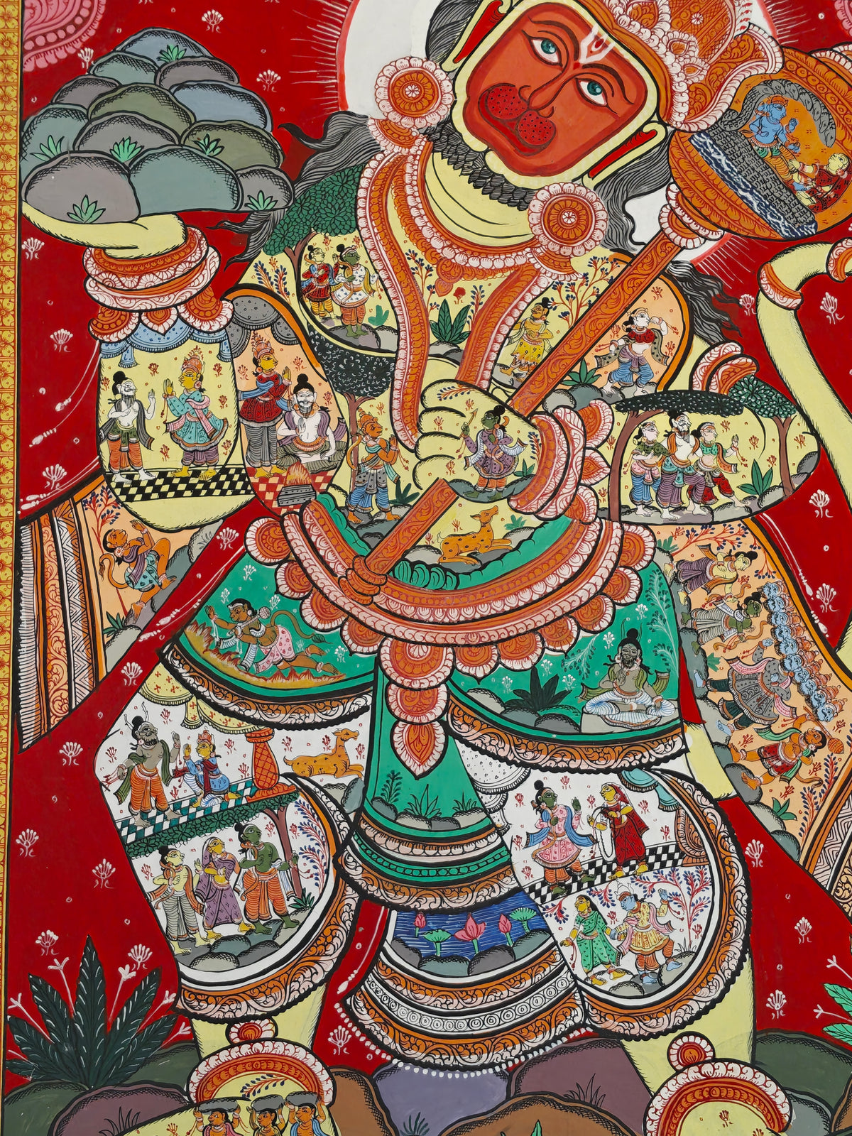 Painting of Hanuman with small narrative scenes from the Ramayana - Patachitra hand-painted
