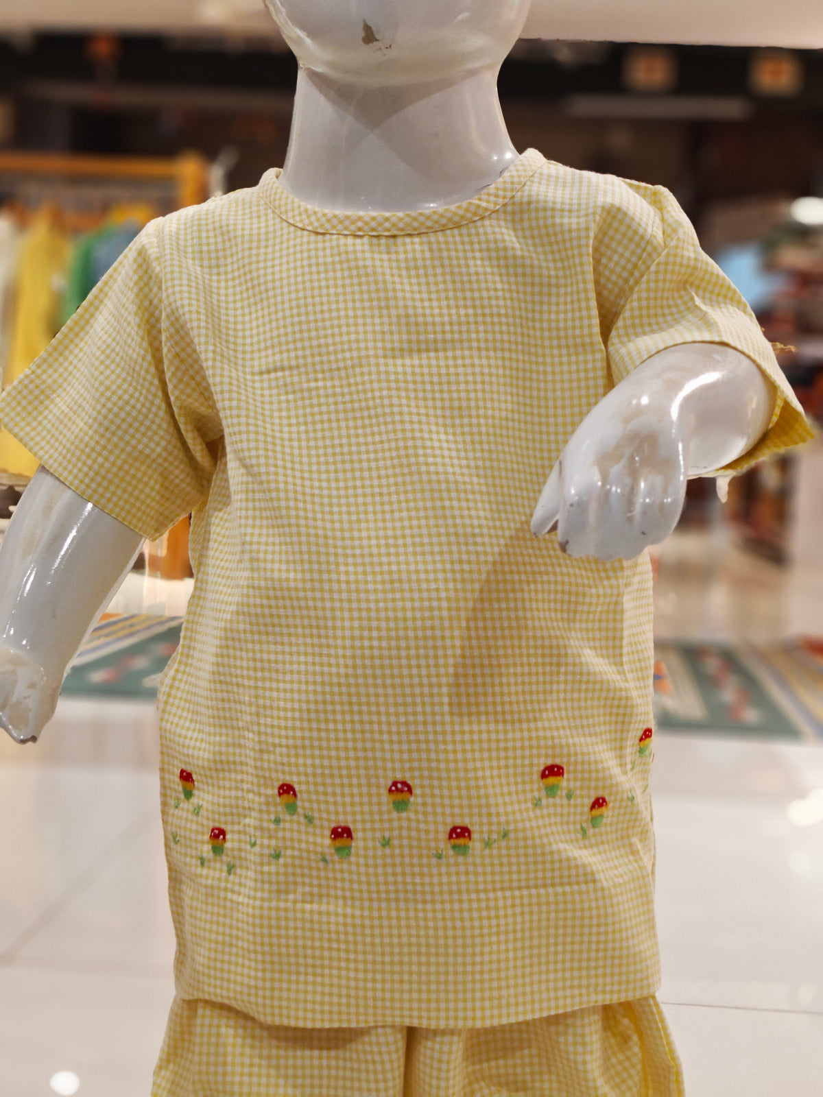 Yellow n white checks cotton short sleeved mushroom embroidered top and bloomers/ shorts - co-ord set