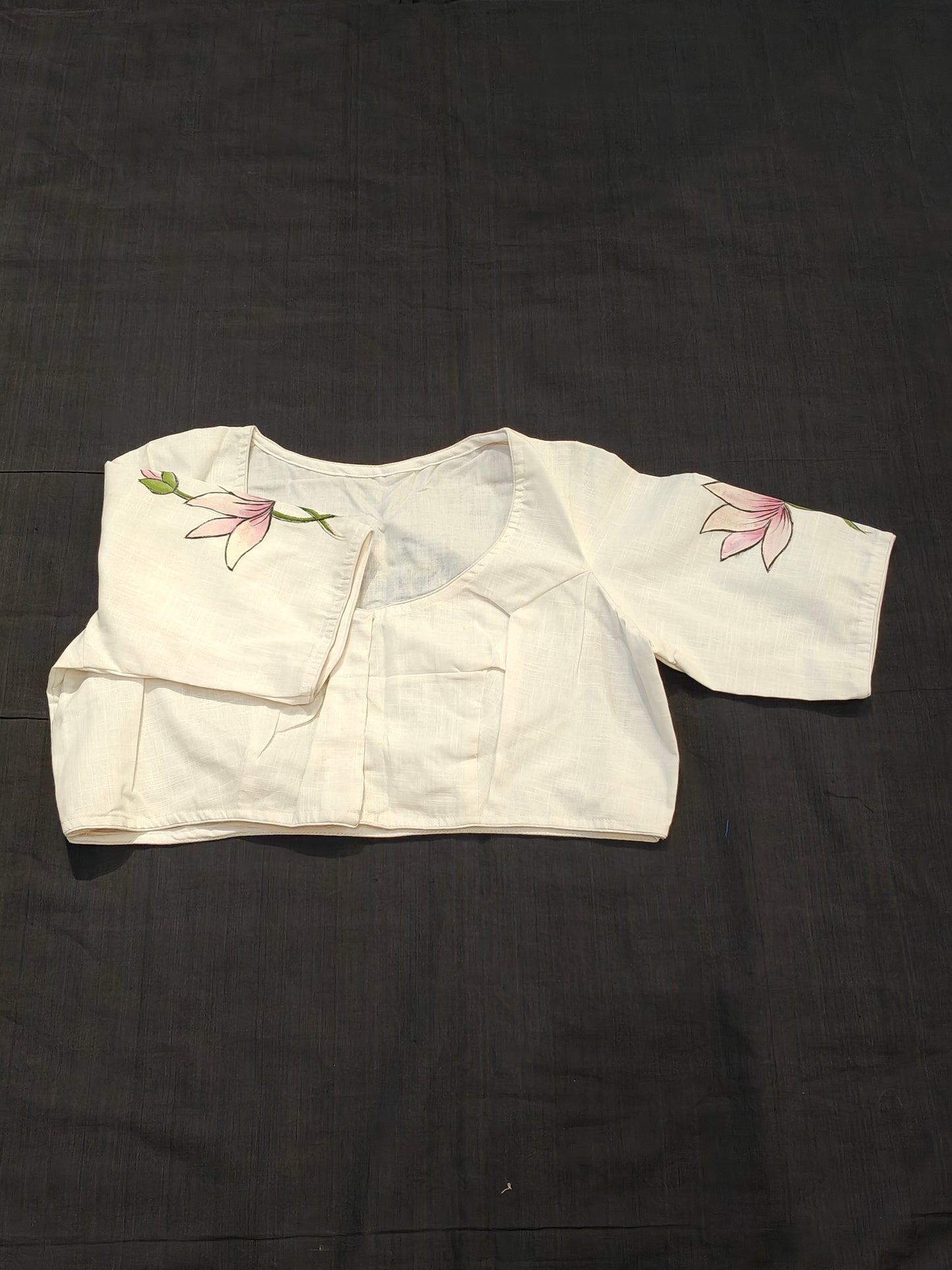 White pichwai style cows and lotuses hand-painted cotton blouse