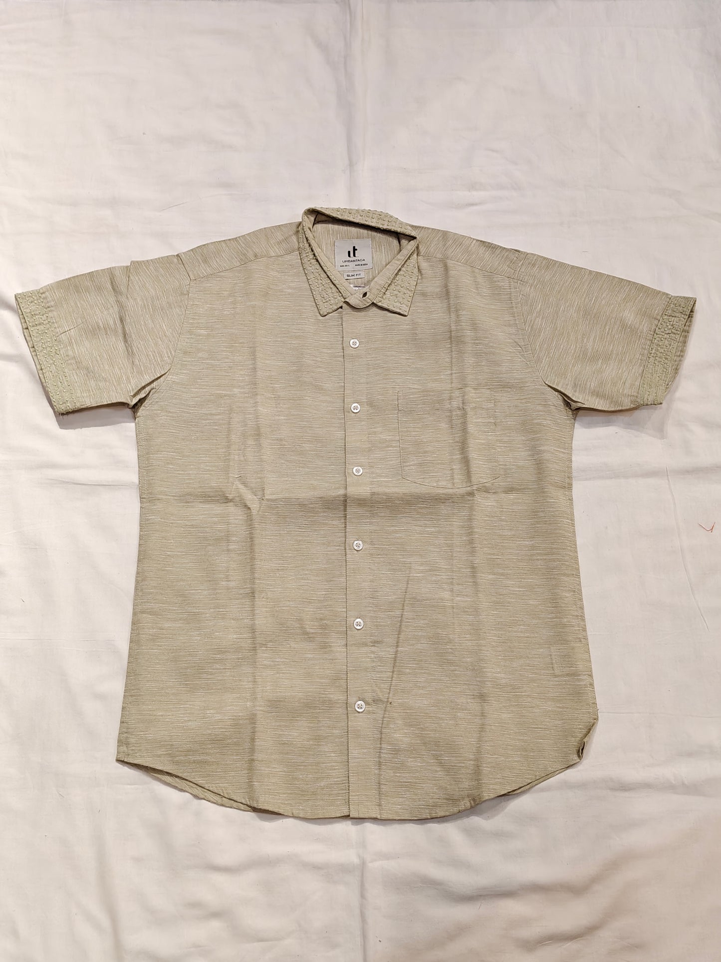 Pistachio cotton shirt with hand embroidered collar - half sleeved men's shirt