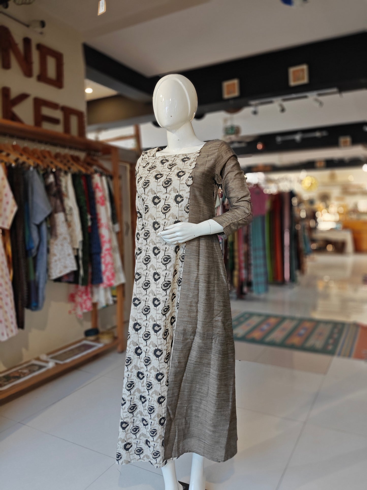 Cream n black hand block printed flowers and stripes cotton dress
