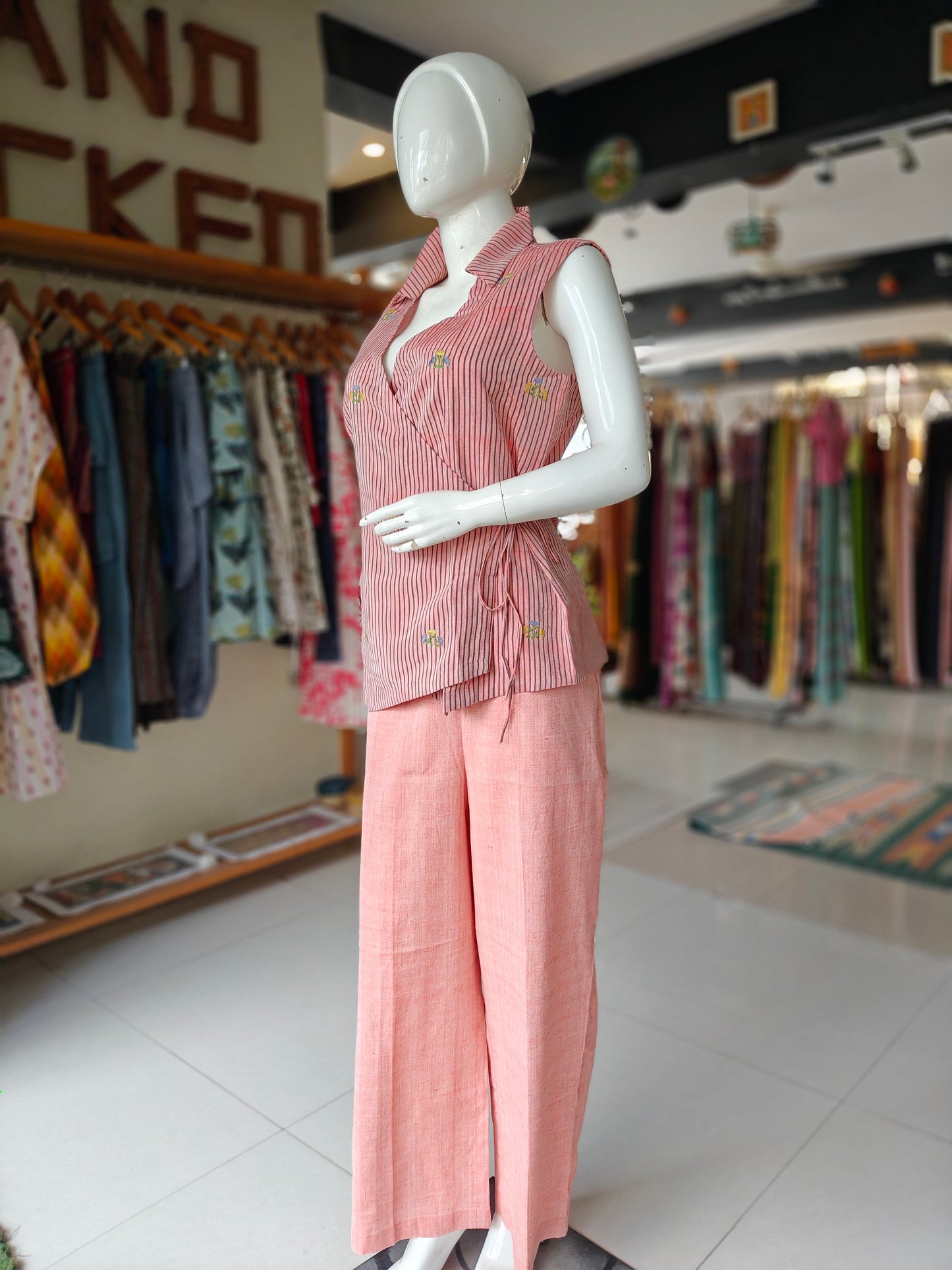 Peach striped and embroidered top with plain pants - 2 piece coord set