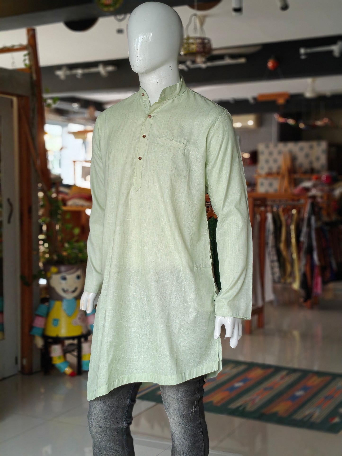 Light green slant cut cotton full sleeves long kurta for men