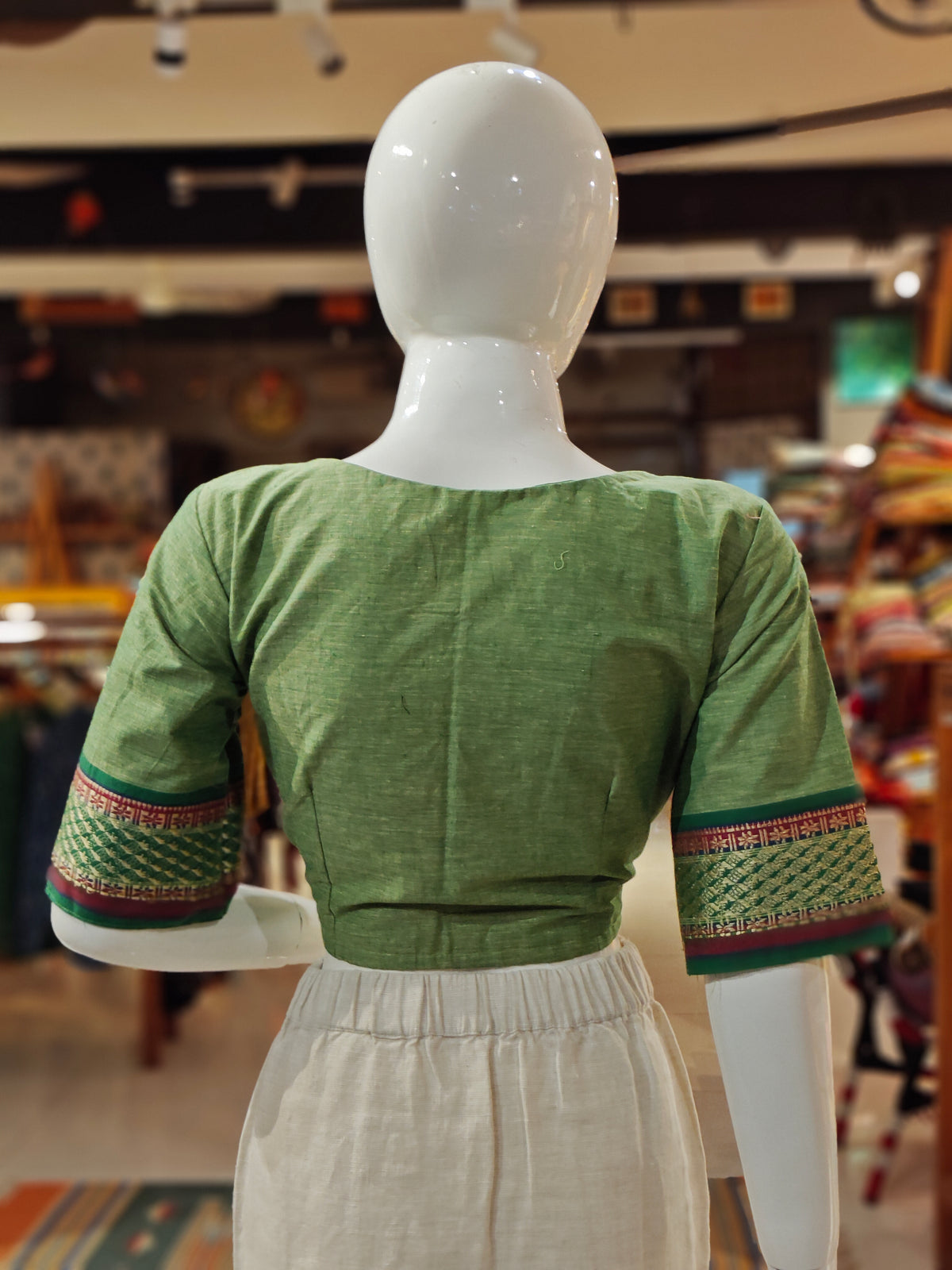 Green elbow sleeves cotton blouse with contrasting borders on sleeves