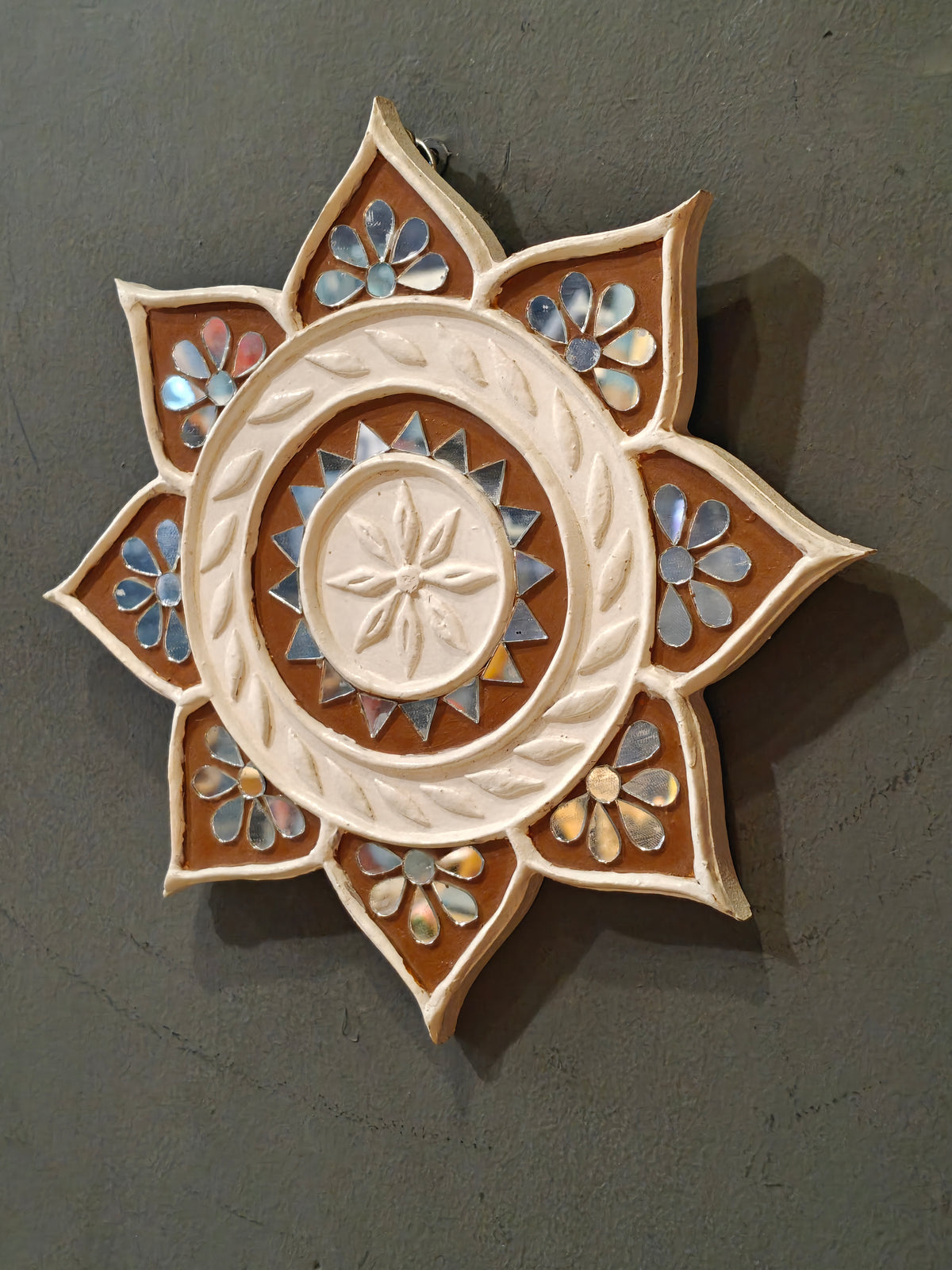 White n brown flower shaped lippan mud art mirror work handmade wall plate