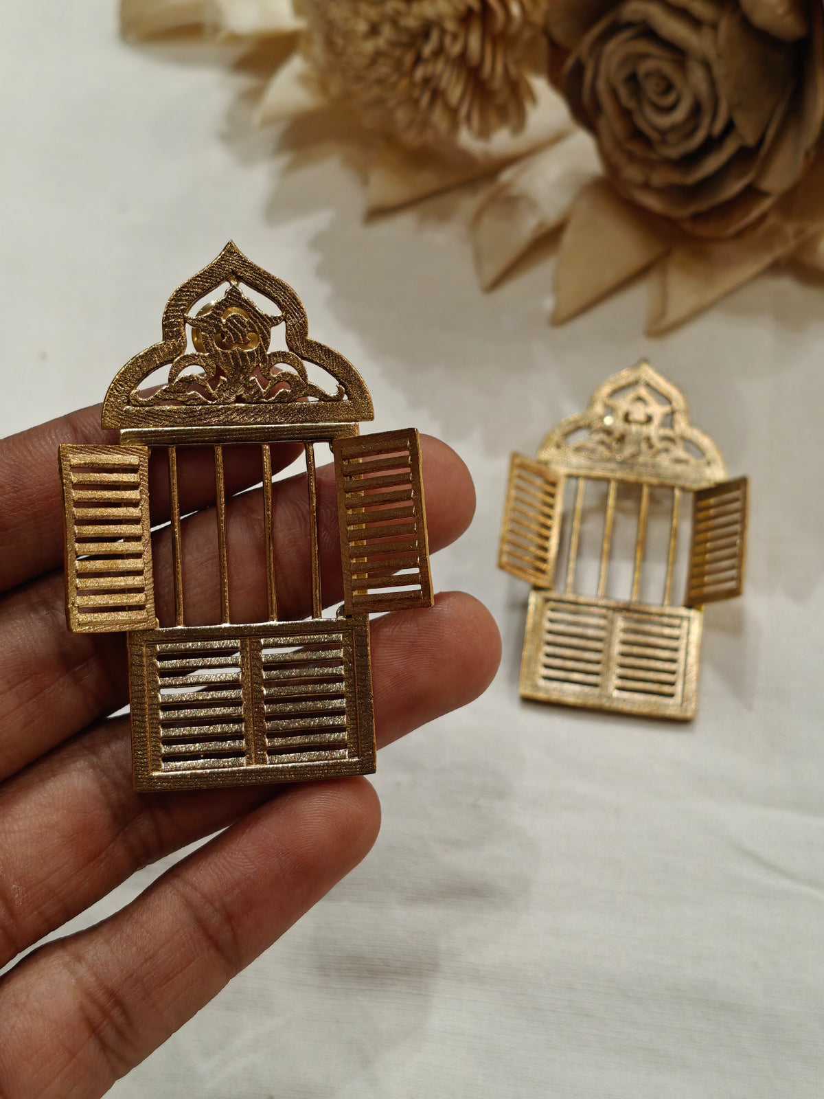 Brass architectural window-style earrings