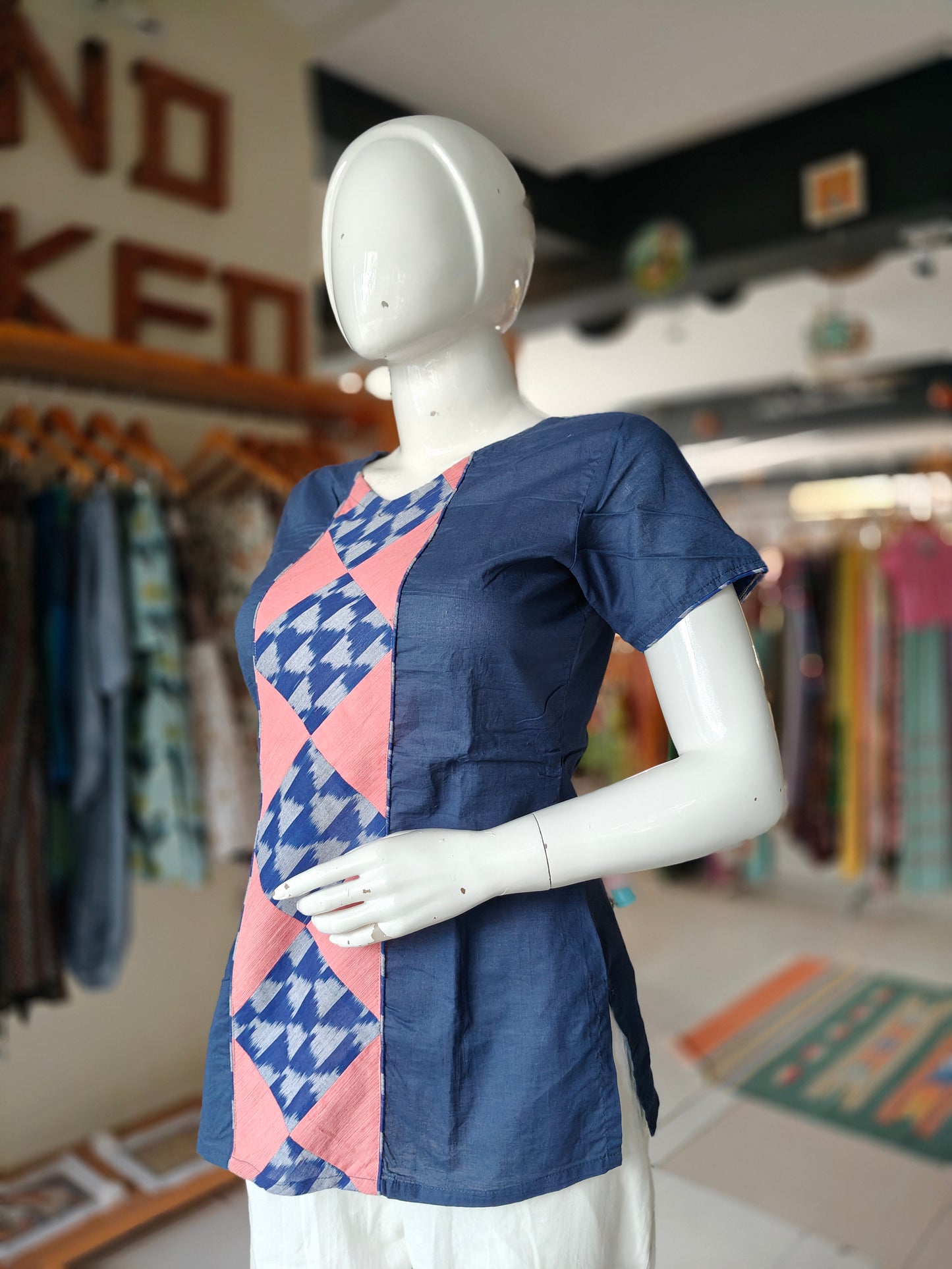 Blue with pink panel and ikat patches cotton top