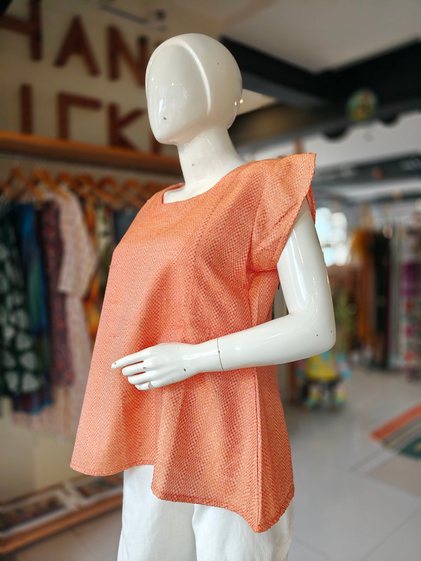 Orange textured 4 pedal weave handloom cotton short sleeved top