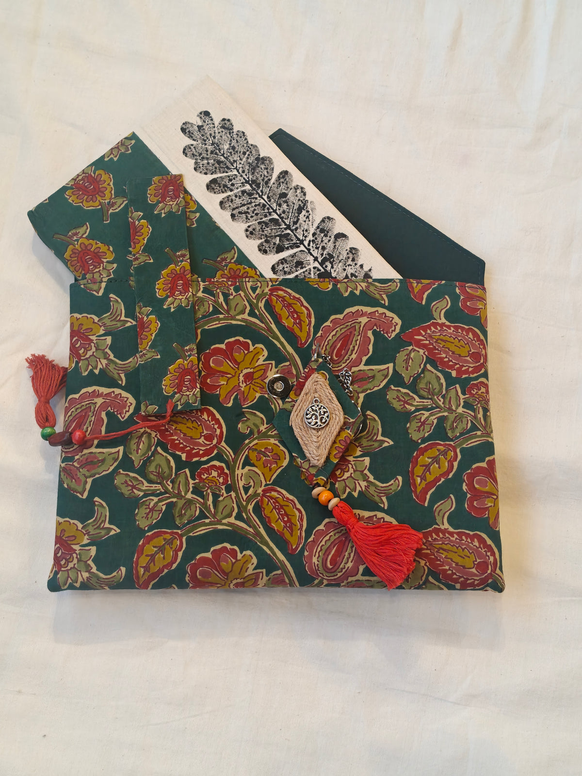 Handmade paper notebook with eco leaf printed fabric cover, hand crafted bookmark, key ring / charm and a container pouch - 4 piece gift set