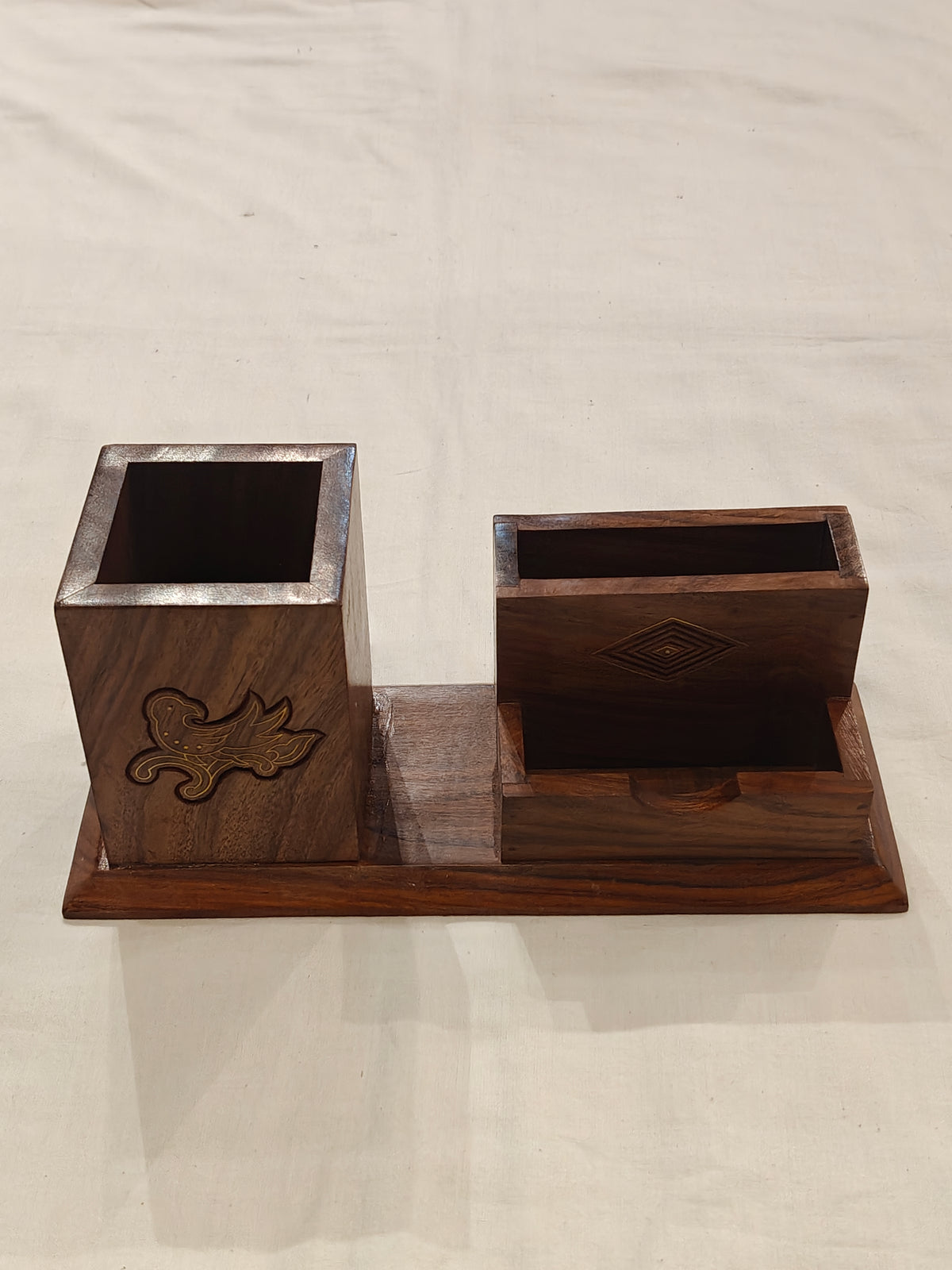 Brass inlay work wooden multipurpose desk organizer