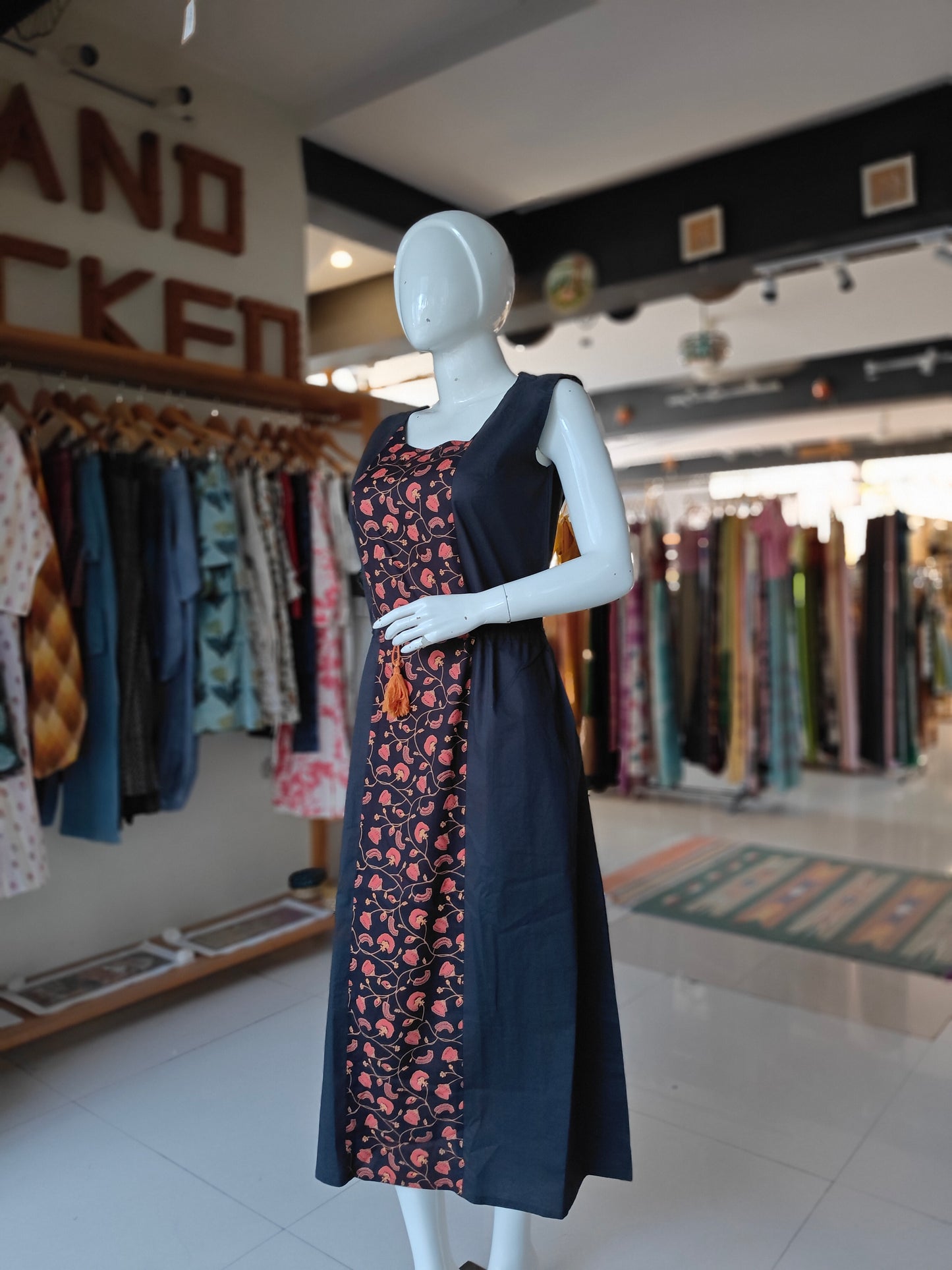 Black with floral printed centre panel cotton dress
