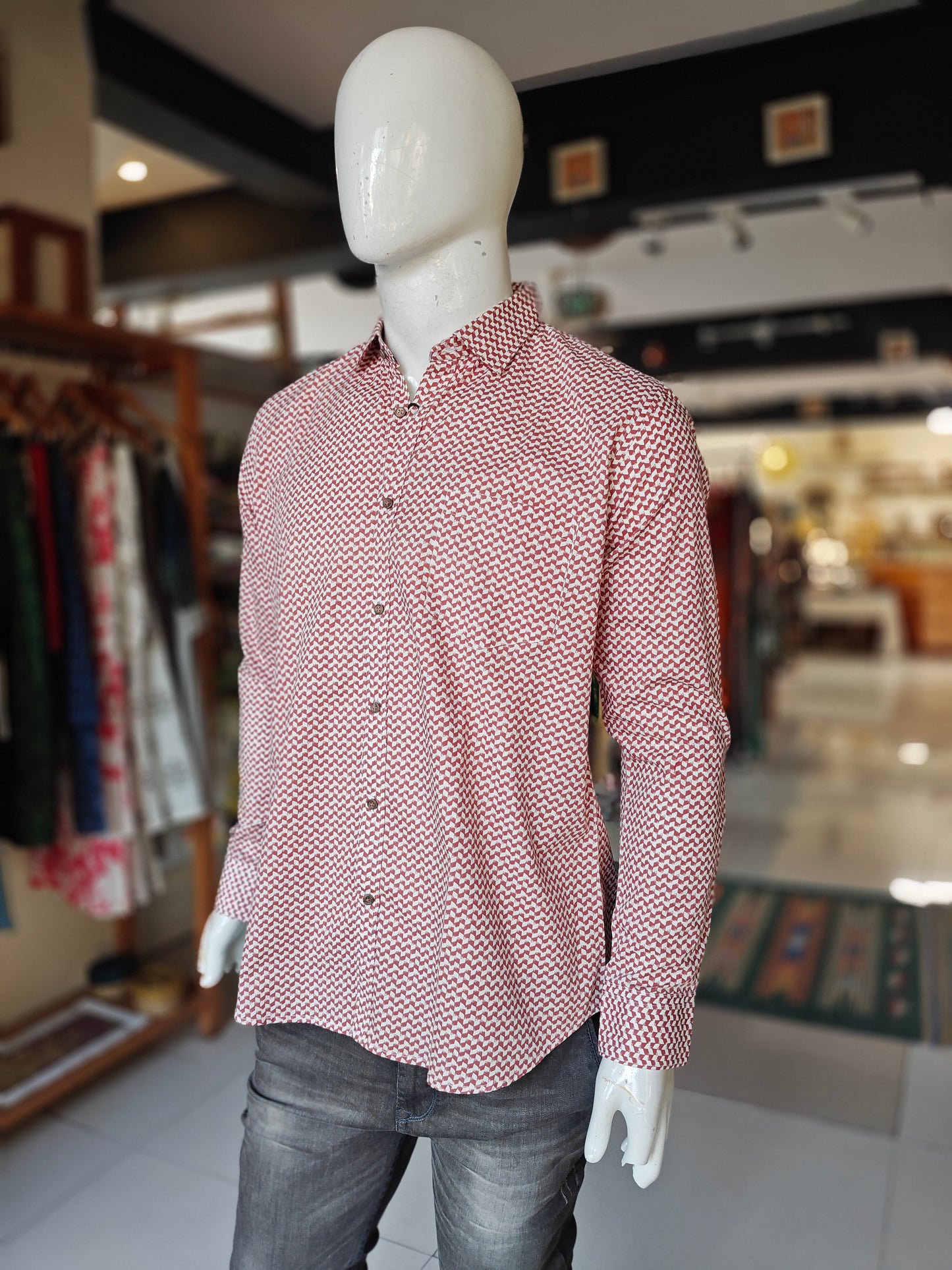White n Red printed cotton shirt for men