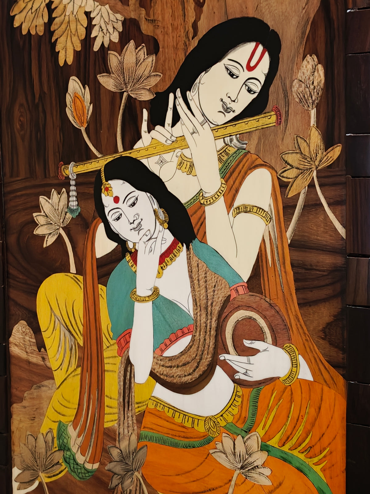 Krishna playing flute alongside Radha - wood inlay work handcrafted wall frame