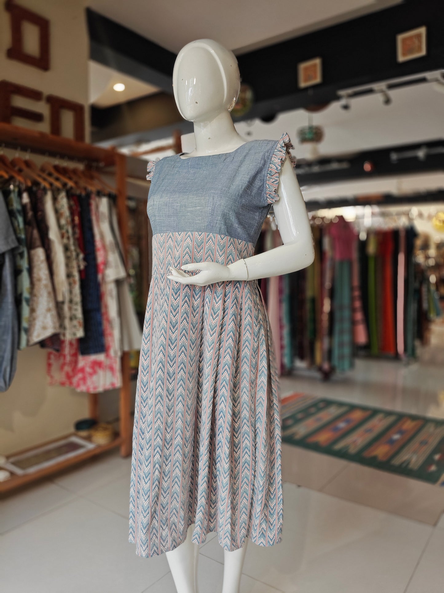 Blue cotton dress with indigo handwoven bodice and natural dyed attached cotton skirt