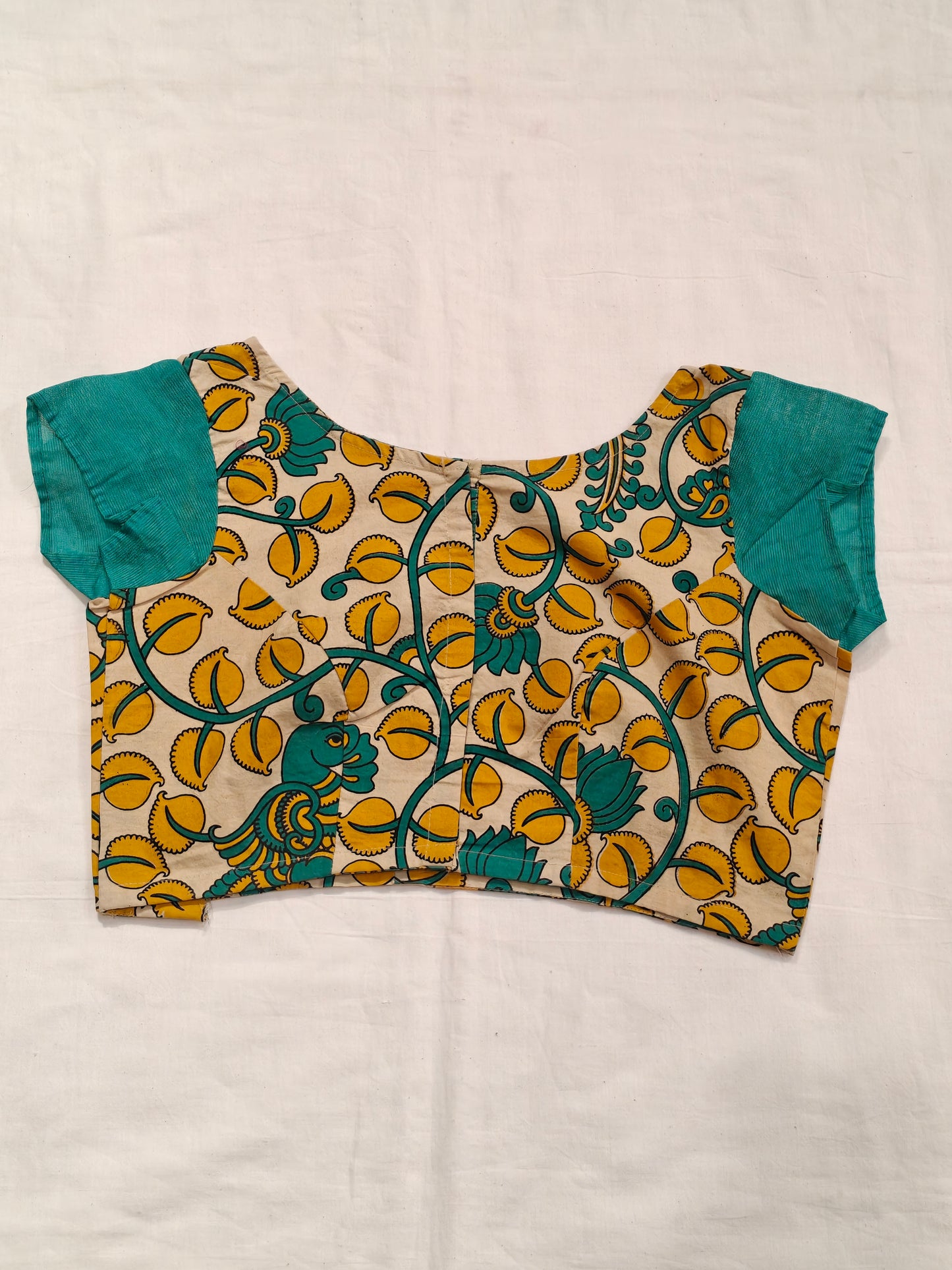 Beige printed cotton blouse with green short sleeves