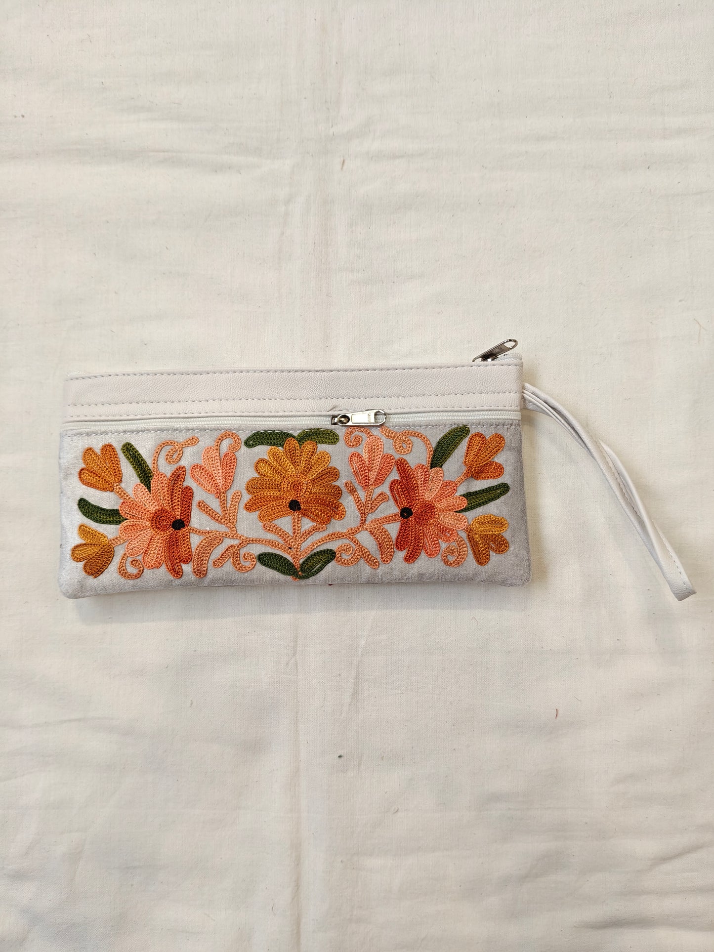 Wristlet pouch featuring Kashmiri floral Aari embroidery - 3 zippers