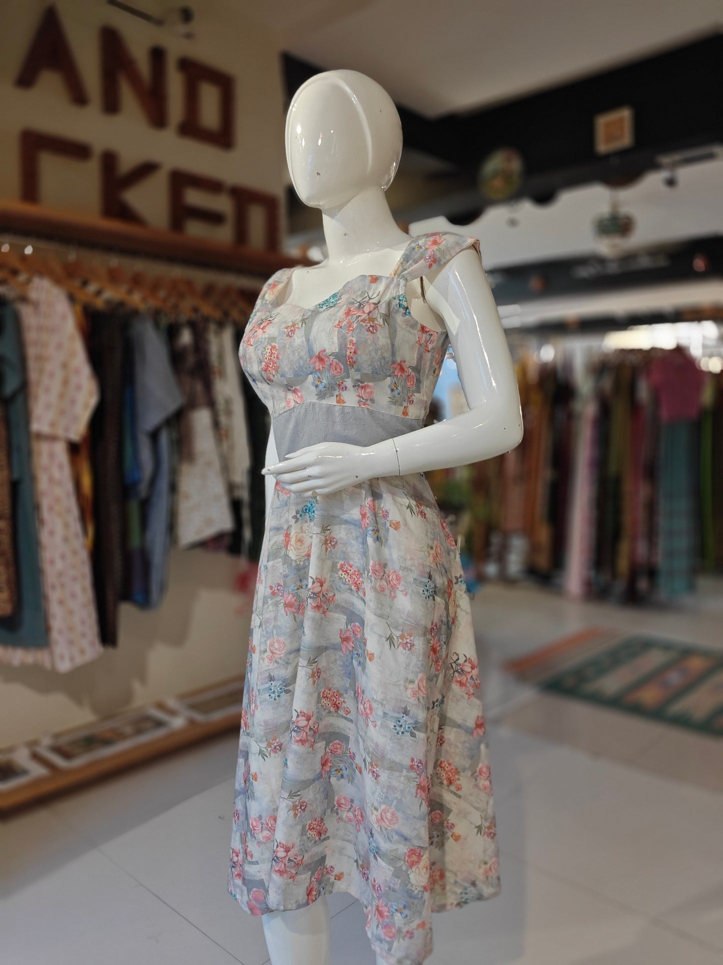 Grey with colorful floral printed sleeveless dress