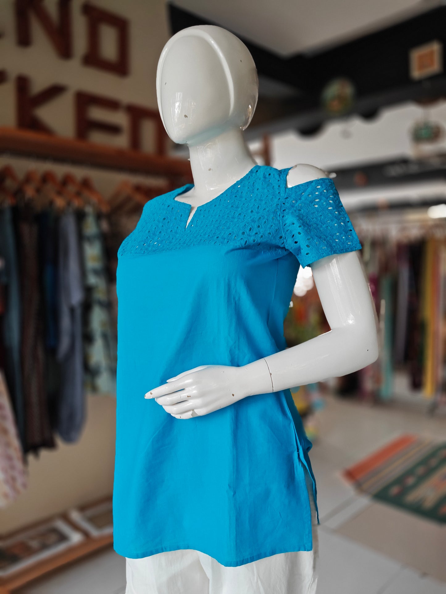 Sky blue cold shoulder cotton top