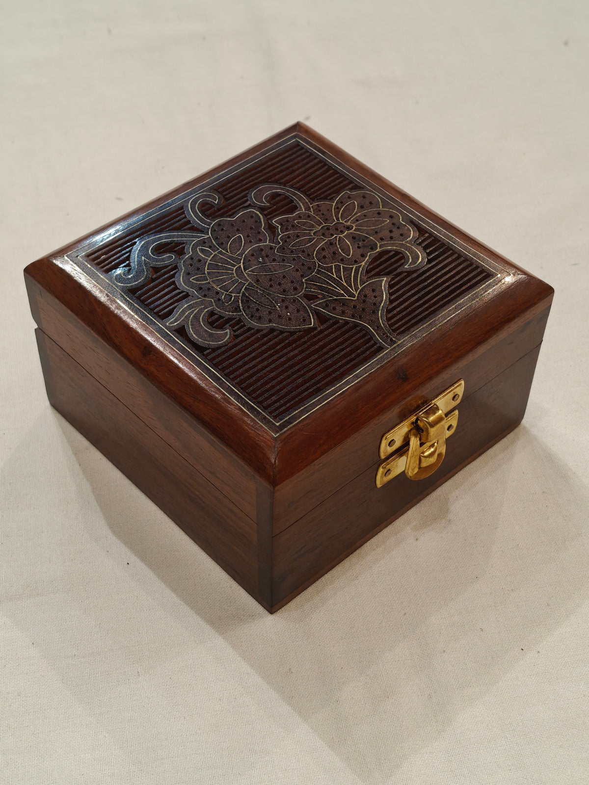 Brass inlay work wooden jewellery box - 4 × 4 × 2 Inches