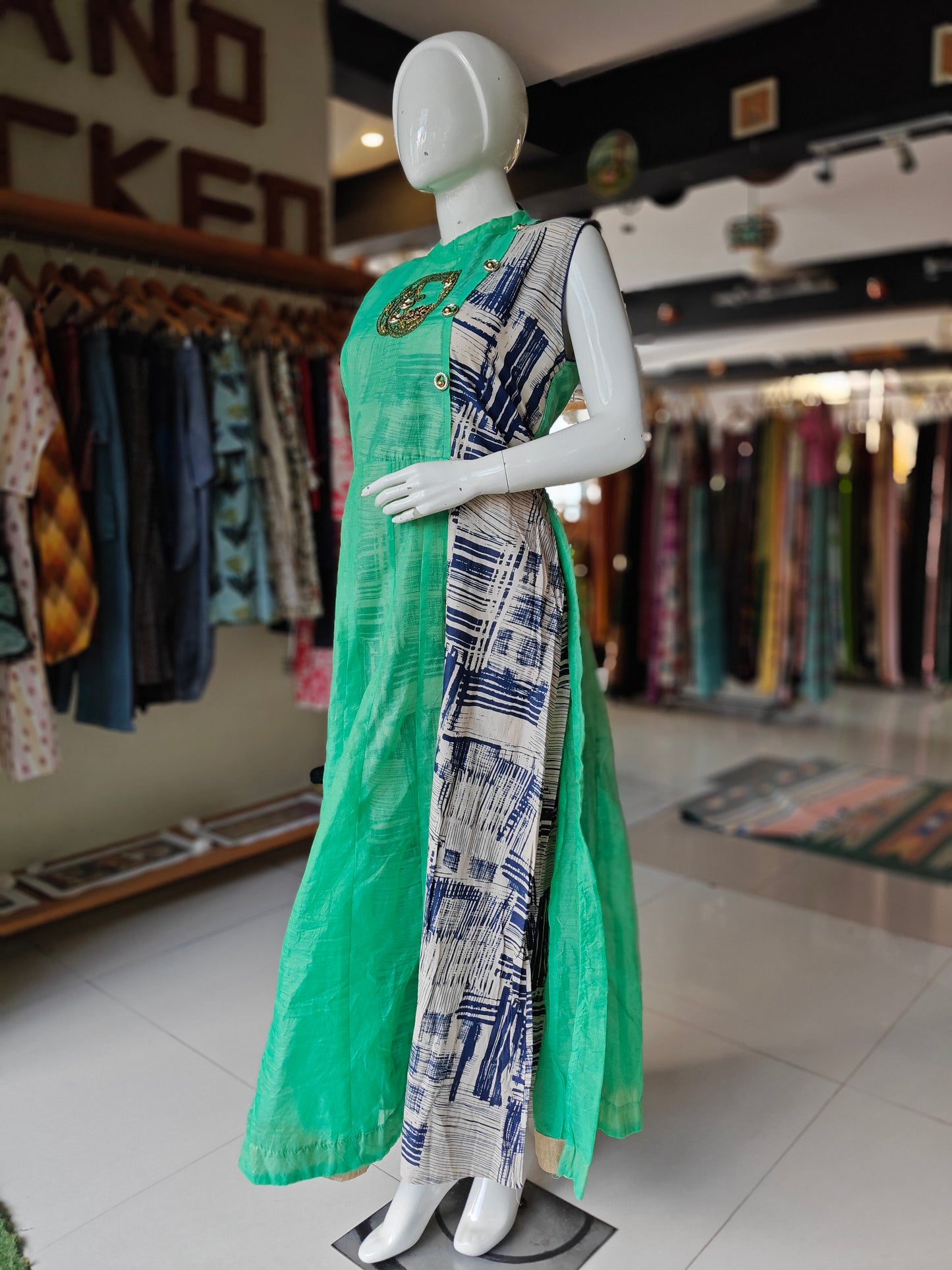 Green, Indigo n beige chanderi long dress with embroidered stone work