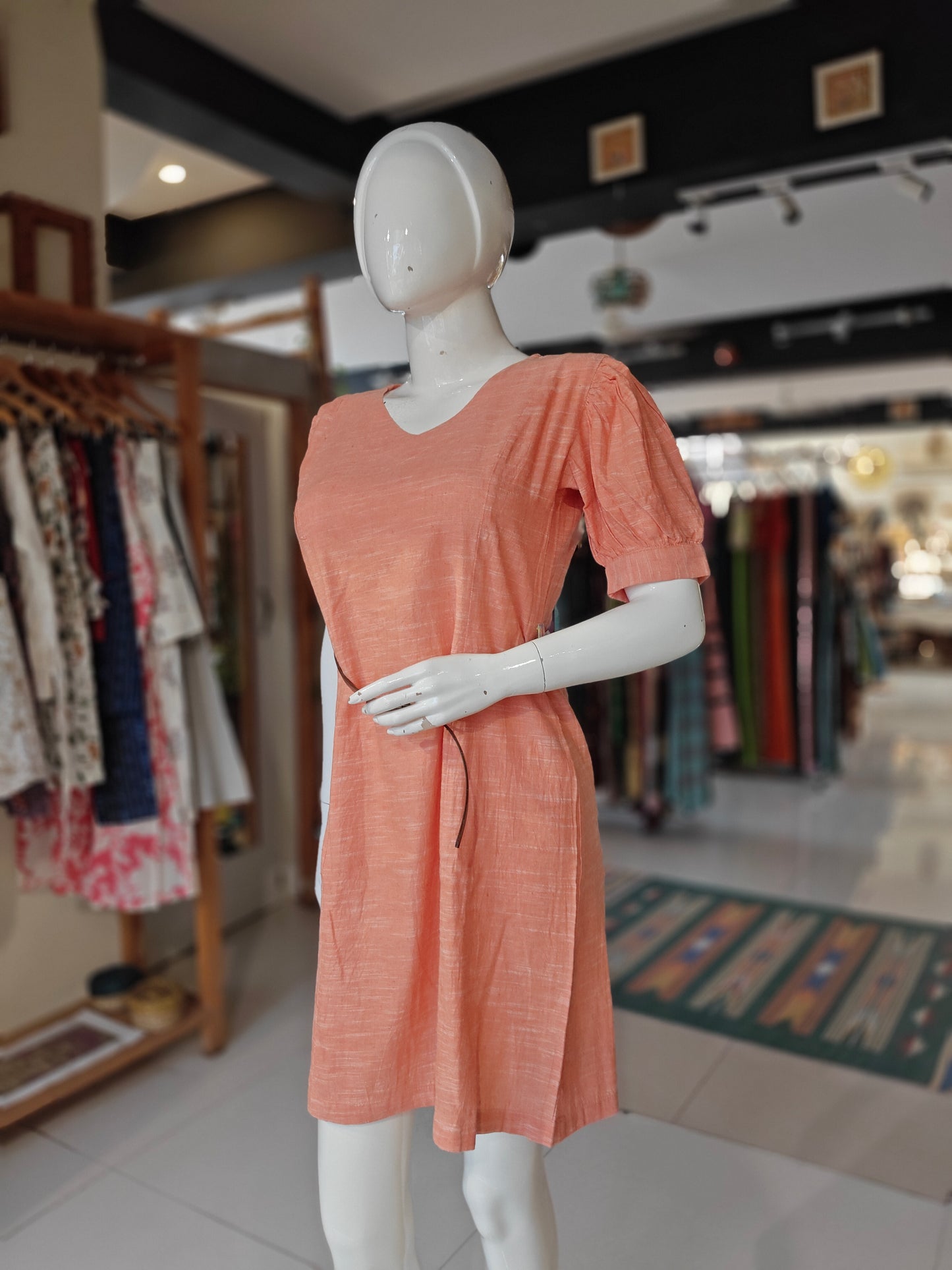 Peach khadi cotton dress with leather waist belt