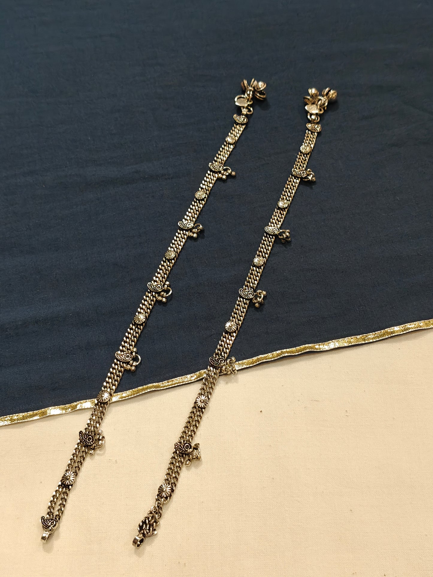 2 layered chain with ghungroo and floral and butis design - Anklets