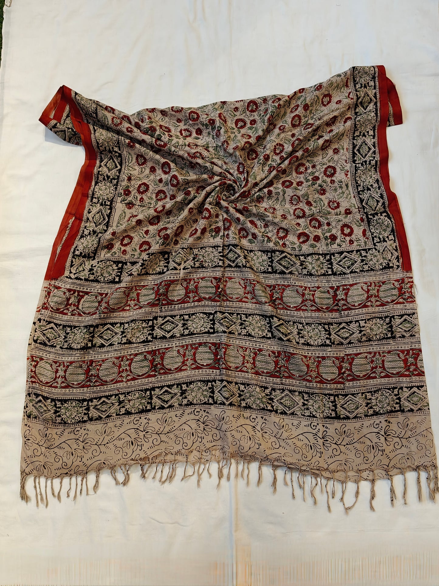 Beige with red floral design Kalamkari hand block printed art silk dupatta