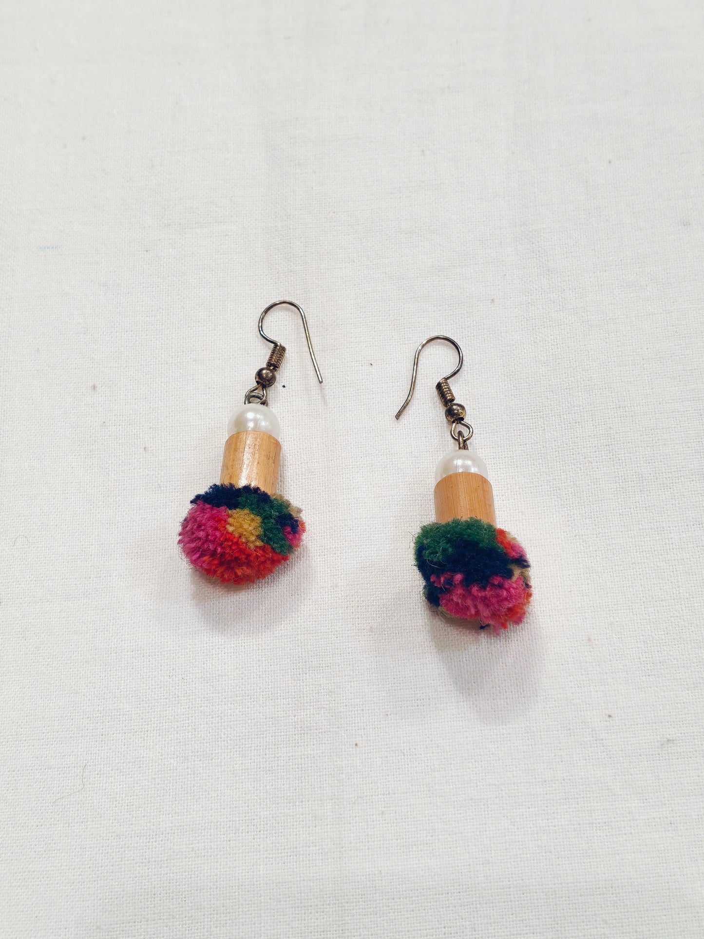 Colorful handmade pom pom hook bamboo earrings