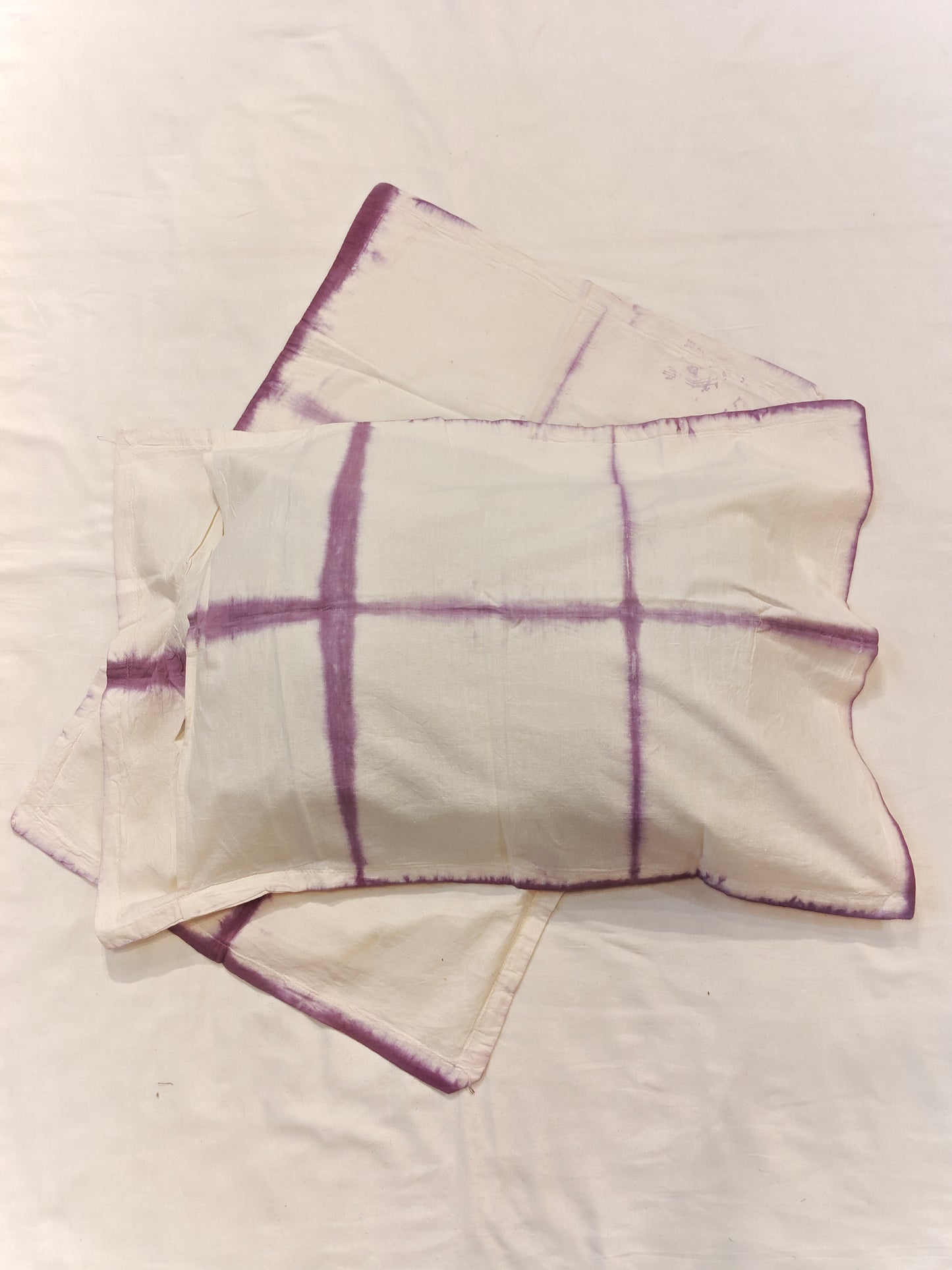 White tie and dye pillow cover with purple grid pattern - Handwoven cotton