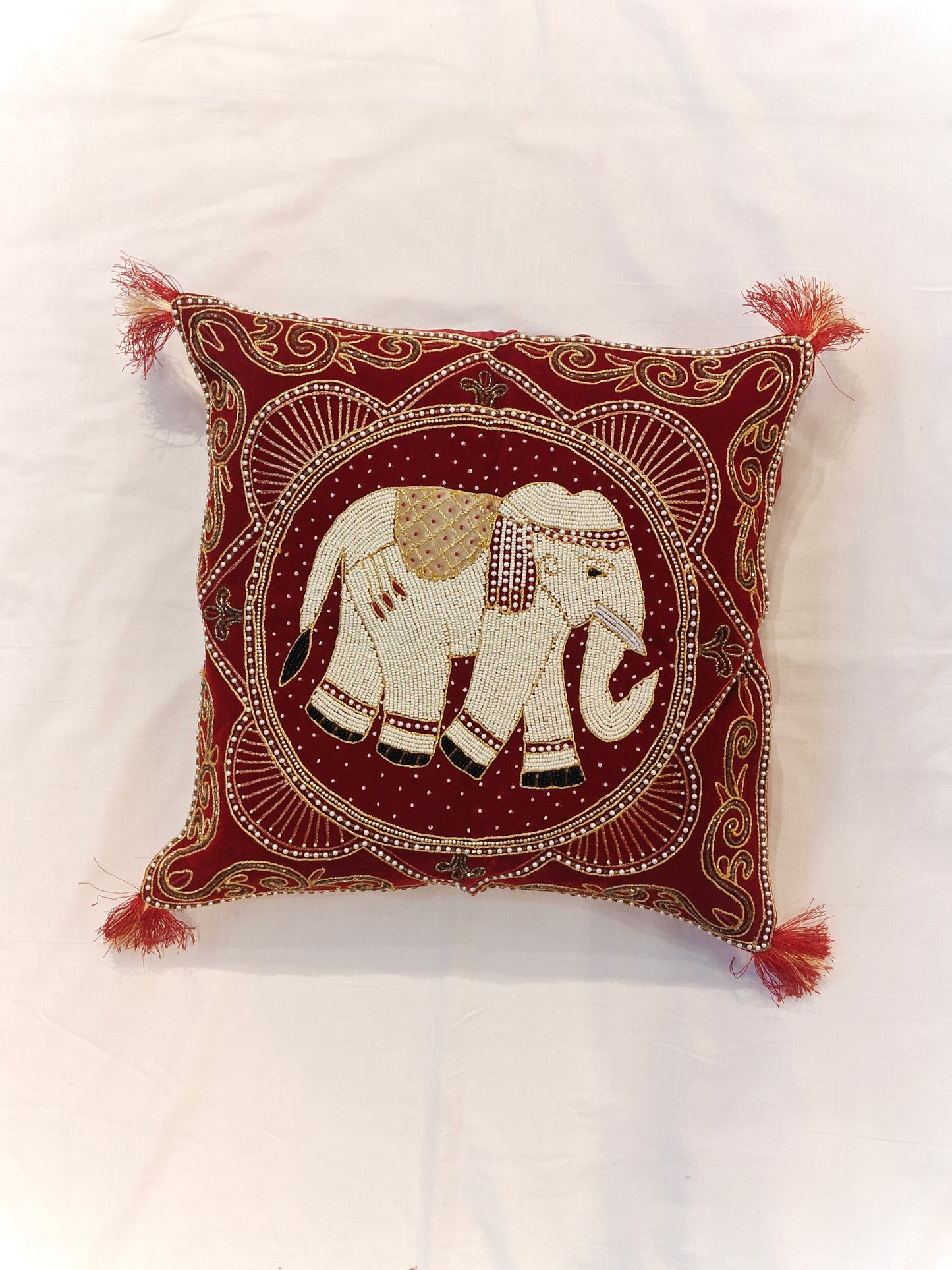 Elephant and beaded embroidered velvet cushion cover