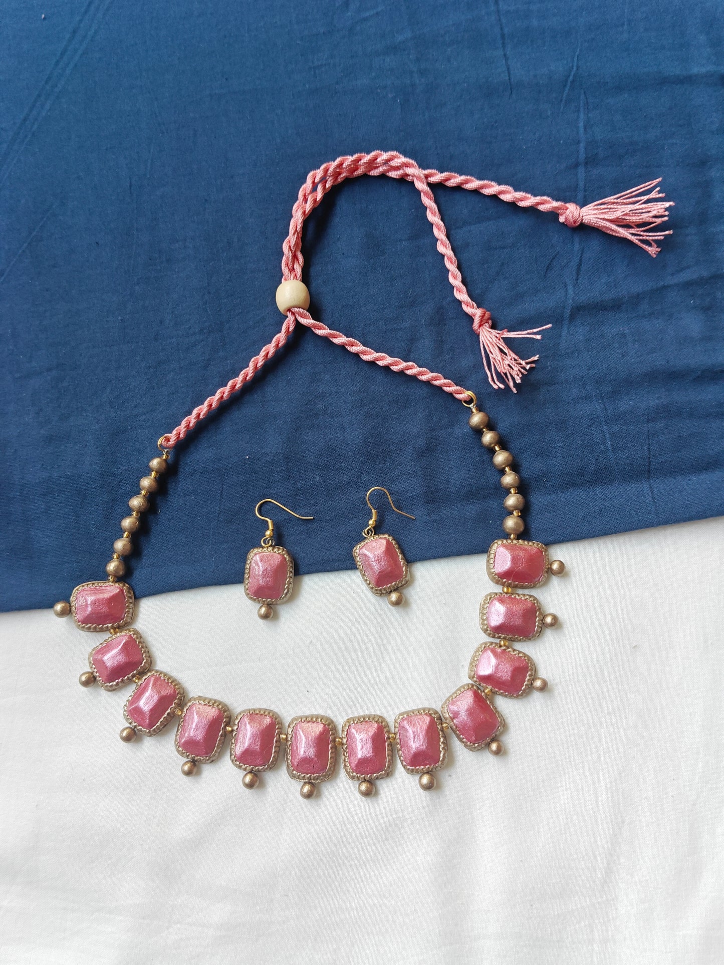 Pink and gold handcrafted, handpainted terracotta Neck piece and earrings set