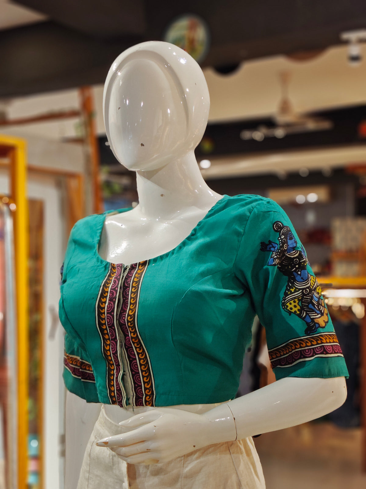 Teal green sleeves n back hand-painted pen kalamkari silk blouse